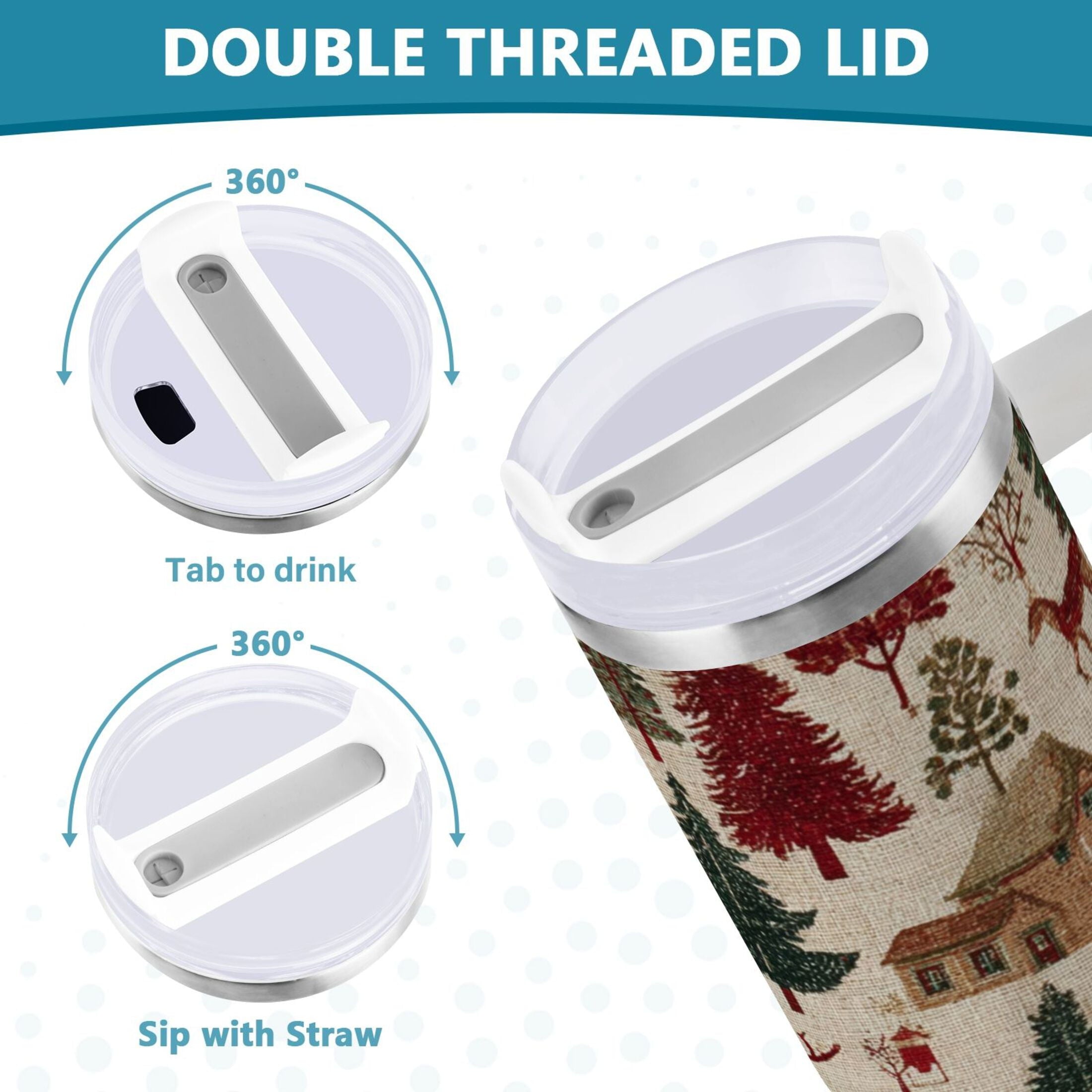 30 oz Insulated Stainless Steel Tumbler Double Wall Stainless Steel Tumbler with 2-Way Drinking Christmas Trees Deer and Houses - 84CJ
