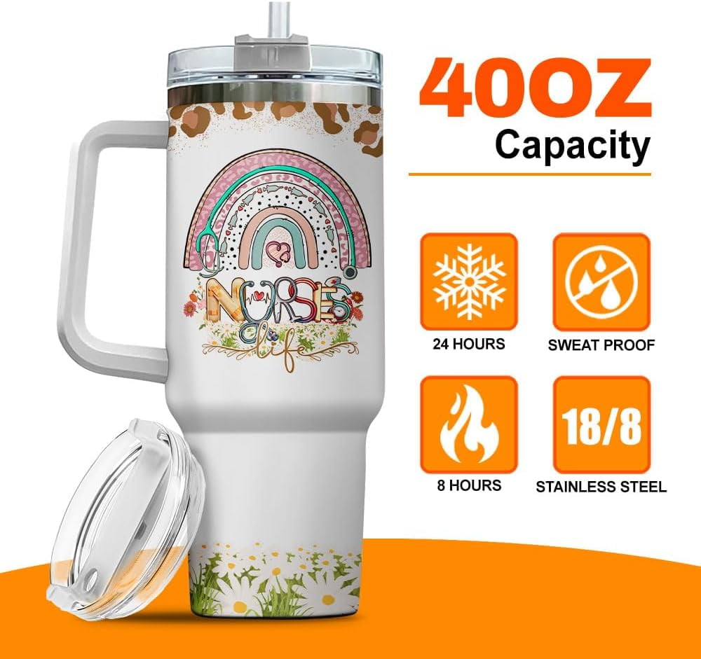 Tumbler 40 Oz With Handle Lid And Straw, Nurse Gifts, Black Camo White Engraved Print Travel Nurses Tumblers Handle Funny Cups Nursing For, Great Nurse Rainbow Daisy Flower - 2XKU