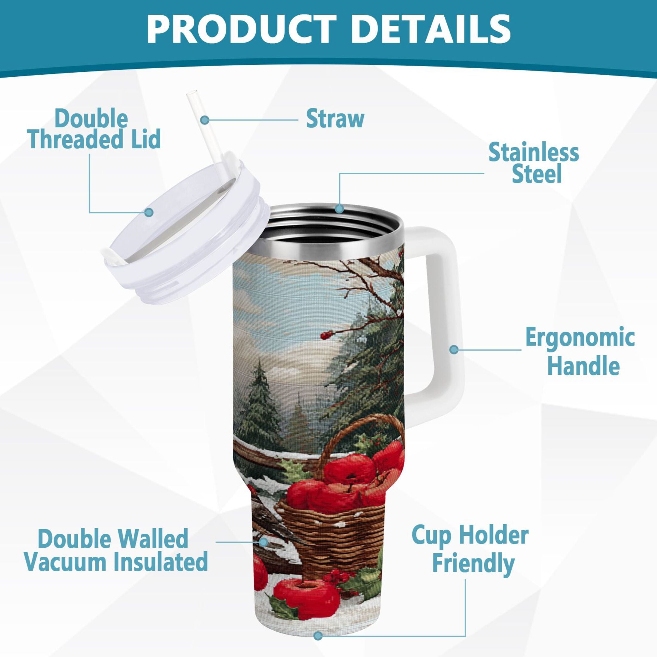 30 oz Insulated Stainless Steel Tumbler Double Wall Stainless Steel Tumbler with 2-Way Drinking Apples and Baskets - 2AQA