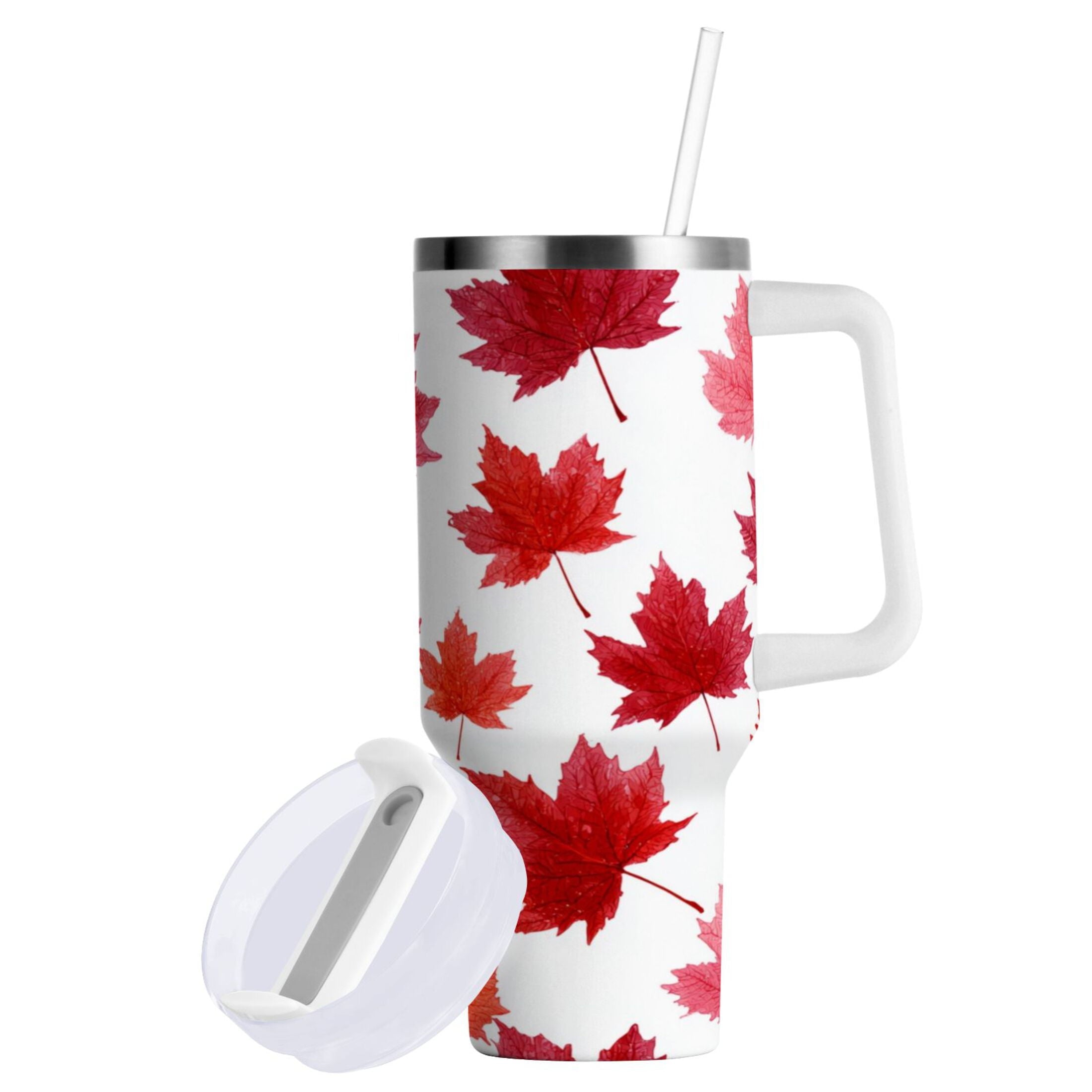 30 oz Insulated Stainless Steel Tumbler Double Wall Stainless Steel Tumbler with 2-Way Drinking Vibrant Red Maple Leaves - WB83