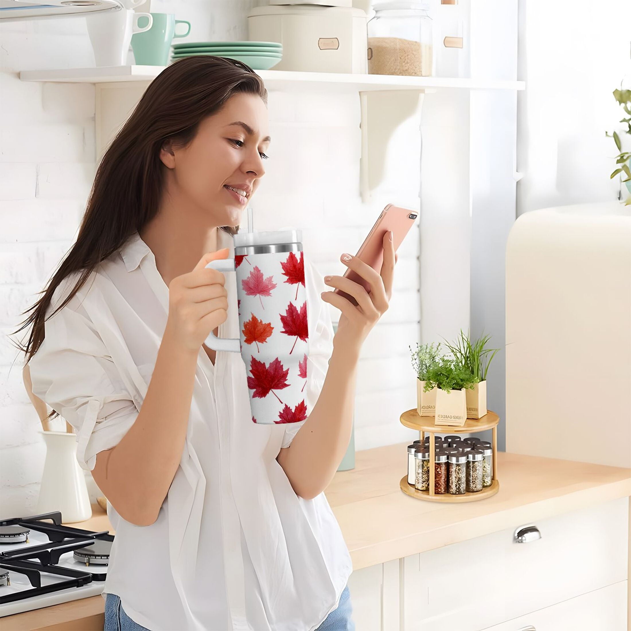30 oz Insulated Stainless Steel Tumbler Double Wall Stainless Steel Tumbler with 2-Way Drinking Vibrant Red Maple Leaves - WB83