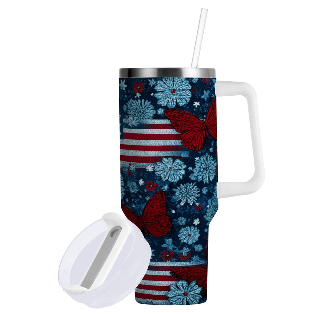 30 oz Insulated Stainless Steel Tumbler Double Wall Stainless Steel Tumbler with 2-Way Drinking Red Butterflies and Flags - TXBH