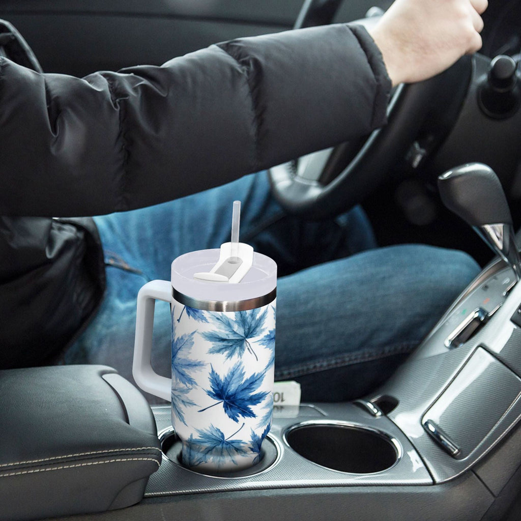 30 oz Insulated Stainless Steel Tumbler Double Wall Stainless Steel Tumbler with 2-Way Drinking Abstract Blue Maple Leaves - FTCE