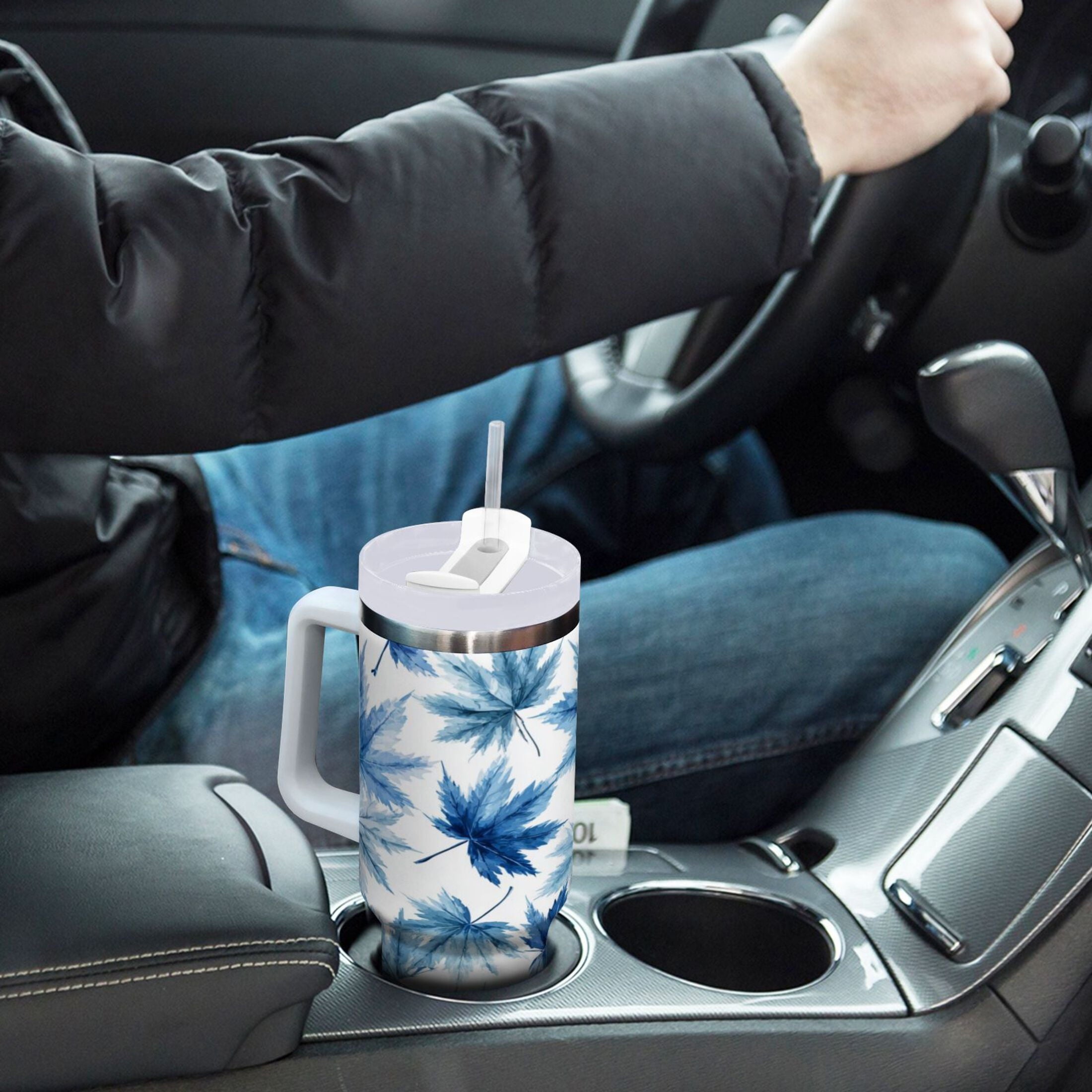 30 oz Insulated Stainless Steel Tumbler Double Wall Stainless Steel Tumbler with 2-Way Drinking Abstract Blue Maple Leaves - FTCE