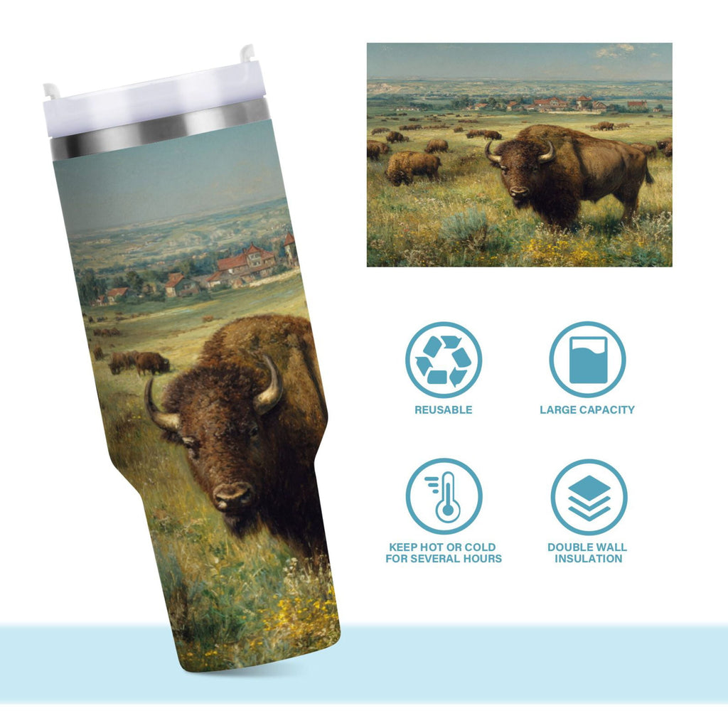 30 oz Insulated Stainless Steel Tumbler Double Wall Stainless Steel Tumbler with 2-Way Drinking Buffalo Herd Oil Painting - 6HHS