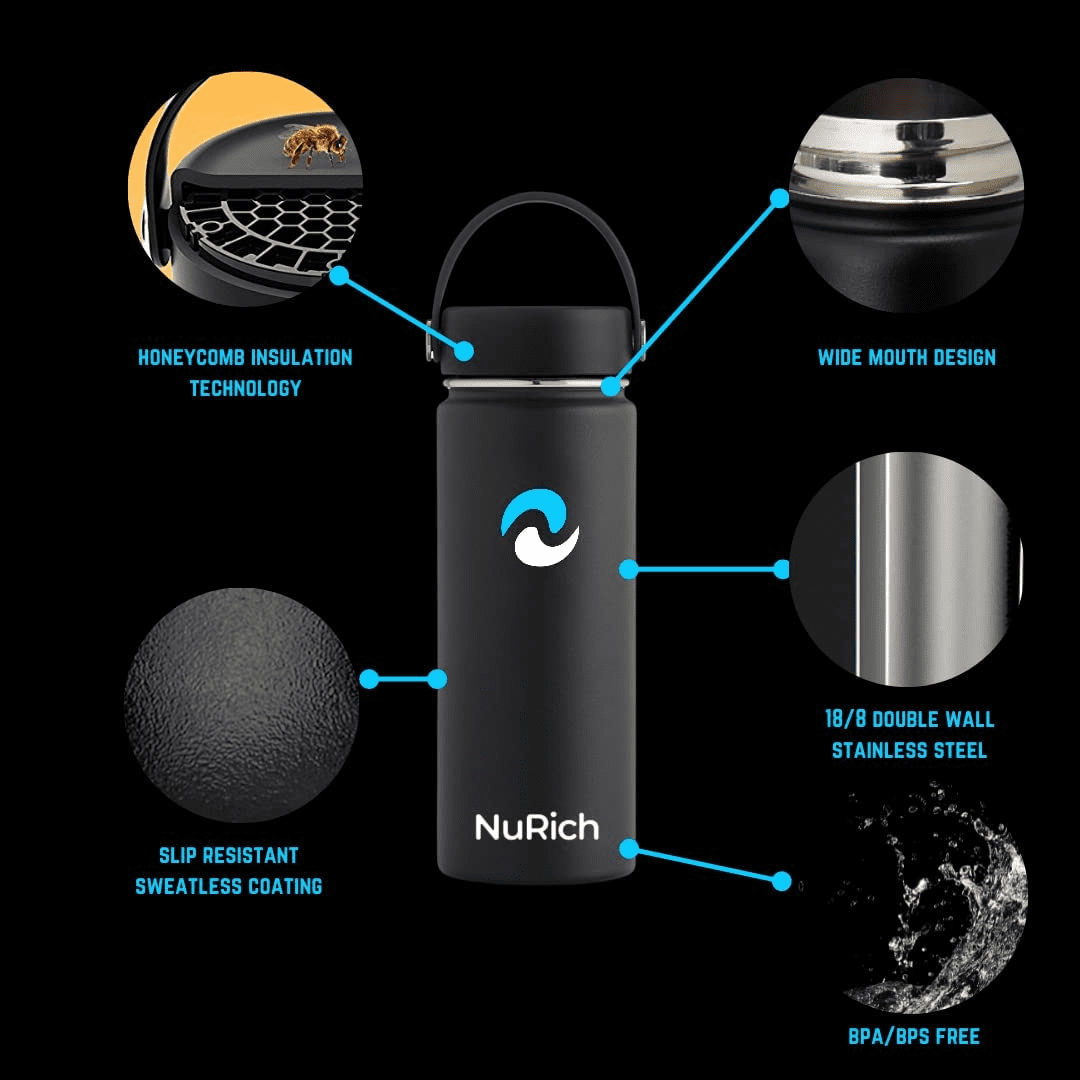 NuRich Sports Water Bottle - 18 Oz, Vacuum Insulated Stainless Steel, Modern Double Walled, Simple Thermo Modern Mug, Hydro Metal Canteen Flask Wide Mouth with Sweat Proof Design for Cold &amp; Hot Temp - 5N3P