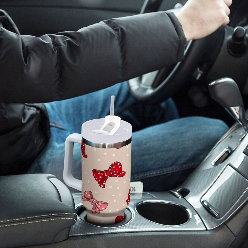 30 oz Insulated Stainless Steel Tumbler Double Wall Stainless Steel Tumbler with 2-Way Drinking Cute Red Bows Pattern - ENJH
