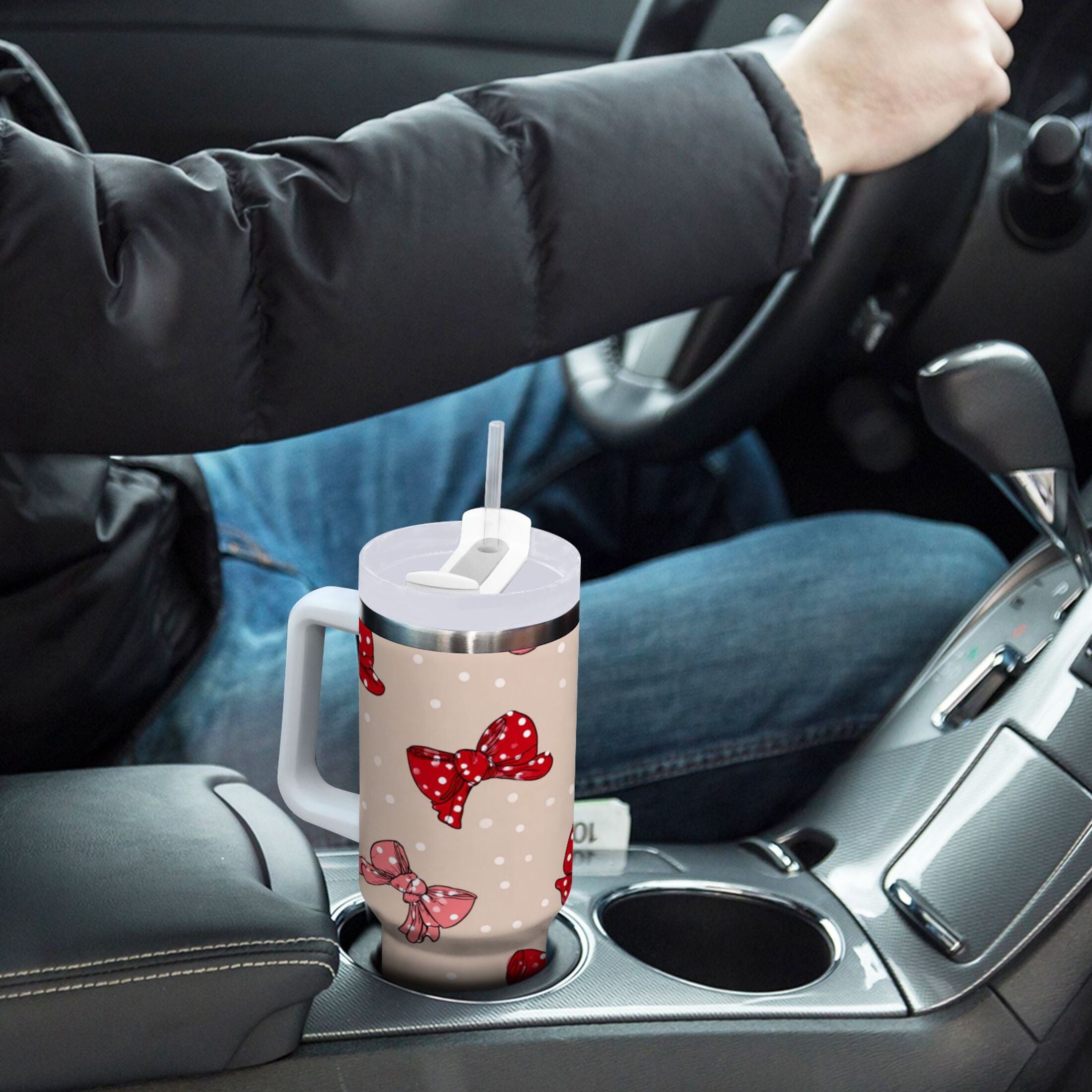 30 oz Insulated Stainless Steel Tumbler Double Wall Stainless Steel Tumbler with 2-Way Drinking Cute Red Bows Pattern - ENJH