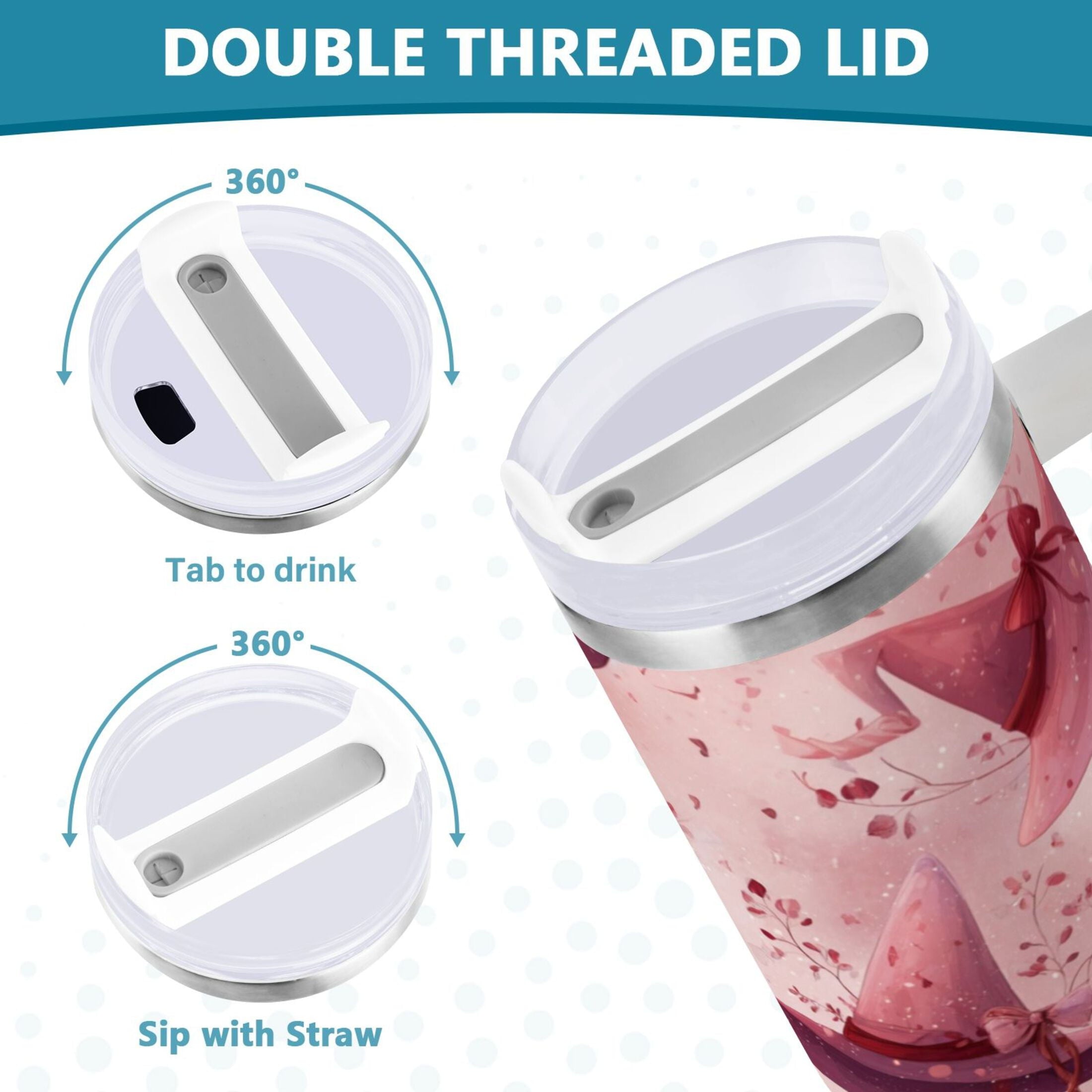 30 oz Insulated Stainless Steel Tumbler Double Wall Stainless Steel Tumbler with 2-Way Drinking Hats with Delicate Bows - 4CKV
