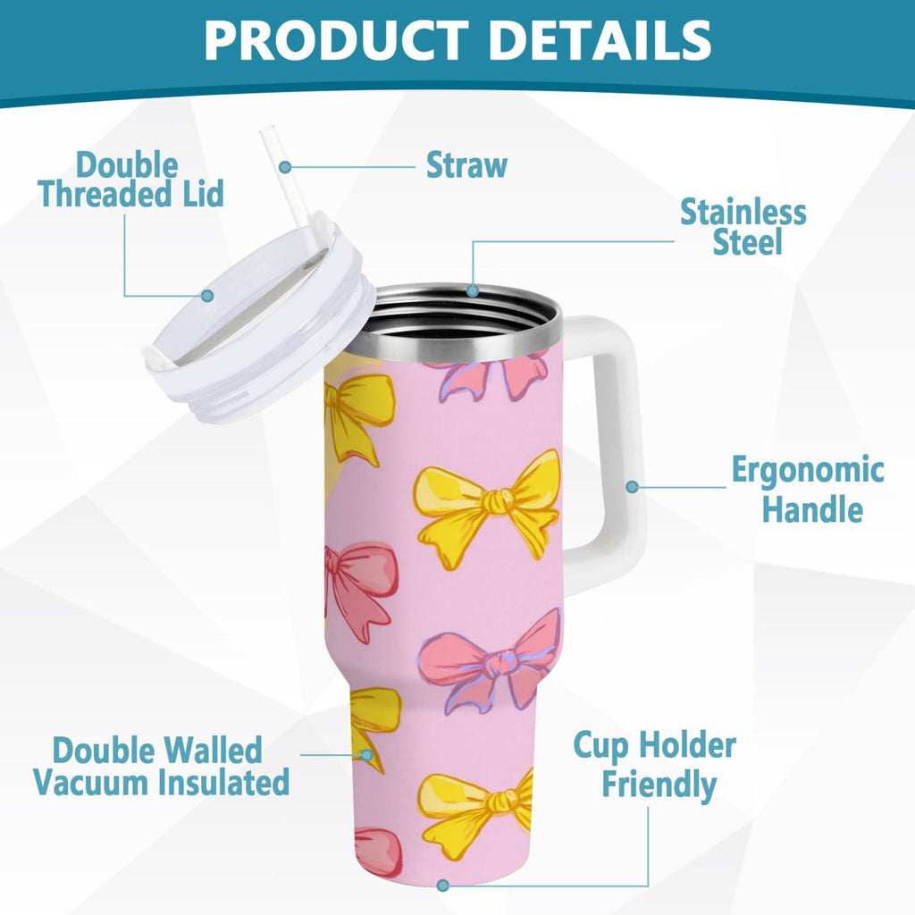 30 oz Insulated Stainless Steel Tumbler Double Wall Stainless Steel Tumbler with 2-Way Drinking Yellow and Pink Bows - 59JK