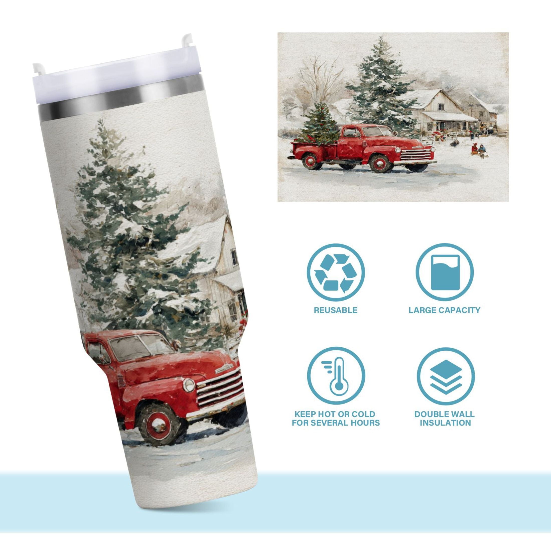 30 oz Insulated Stainless Steel Tumbler Double Wall Stainless Steel Tumbler with 2-Way Drinking Truck with Christmas Decorations - MPAG
