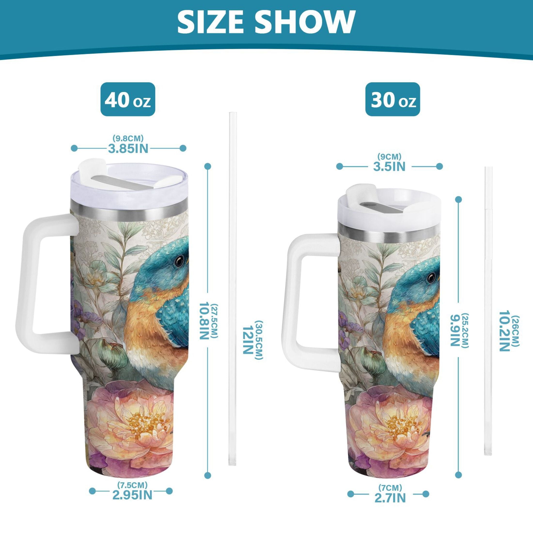30 oz Insulated Stainless Steel Tumbler Double Wall Stainless Steel Tumbler with 2-Way Drinking Bluebird and Flower - M4U3