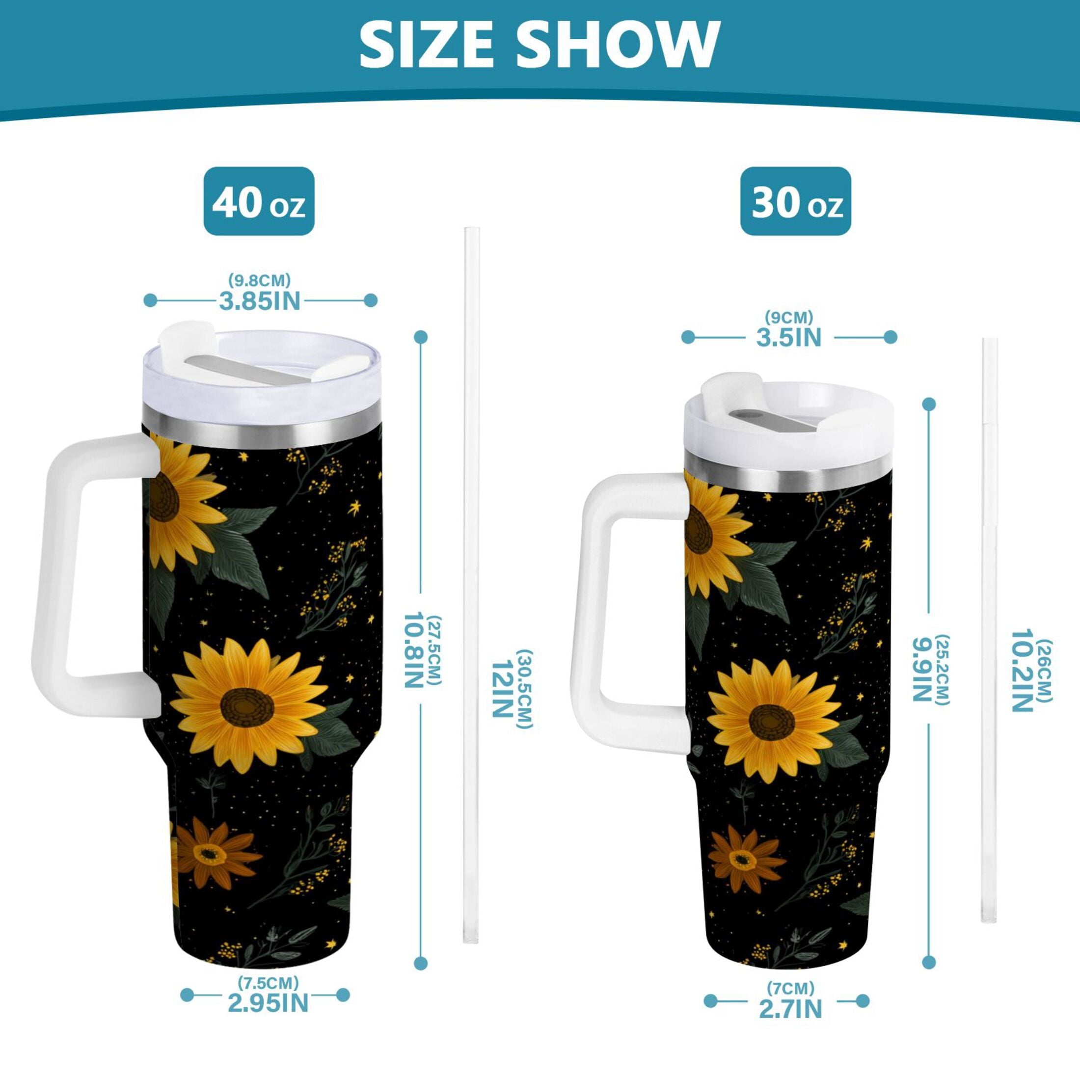 30 oz Insulated Stainless Steel Tumbler Double Wall Stainless Steel Tumbler with 2-Way Drinking Yellow Sunflower Pattern - SSJR