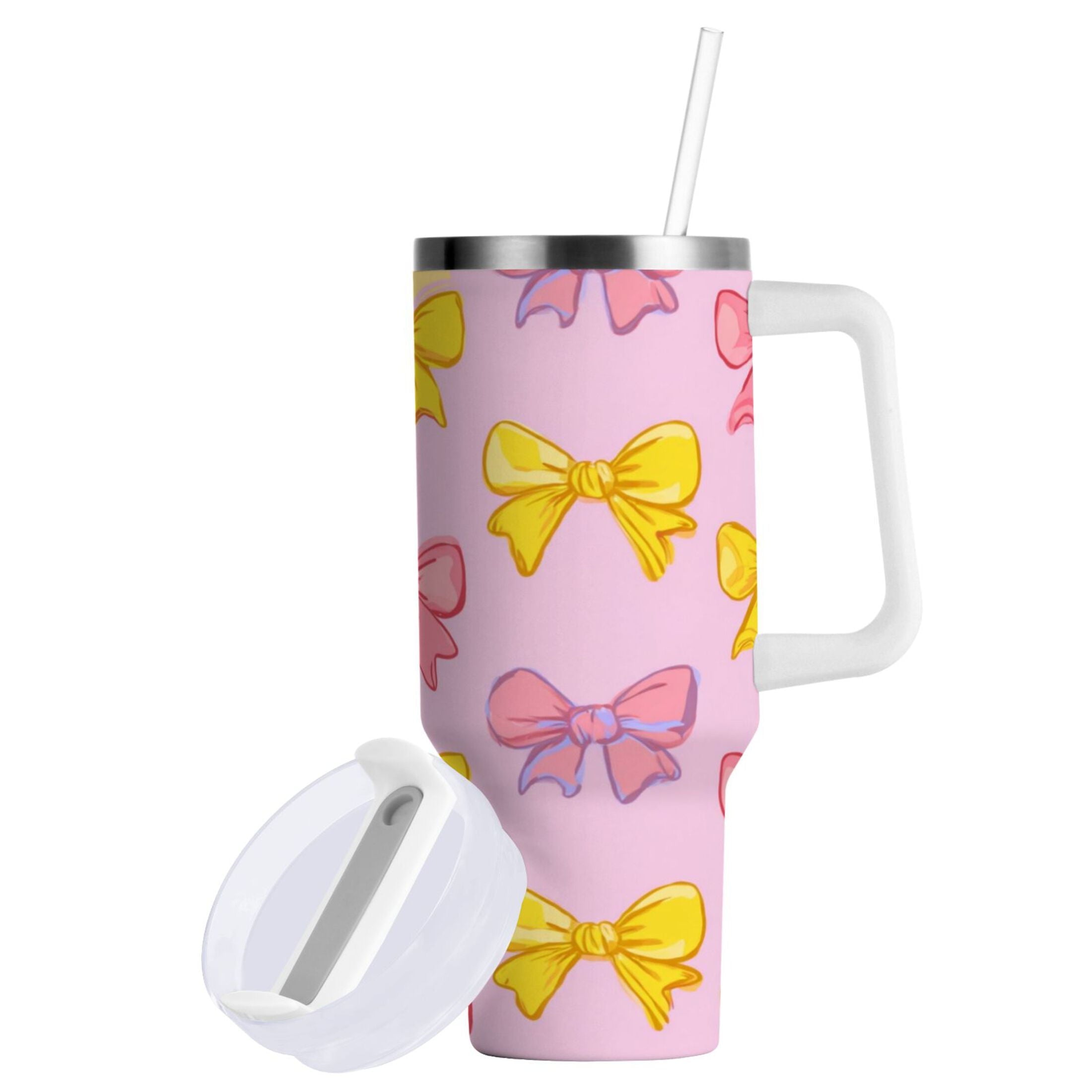 30 oz Insulated Stainless Steel Tumbler Double Wall Stainless Steel Tumbler with 2-Way Drinking Yellow and Pink Bows - 59JK