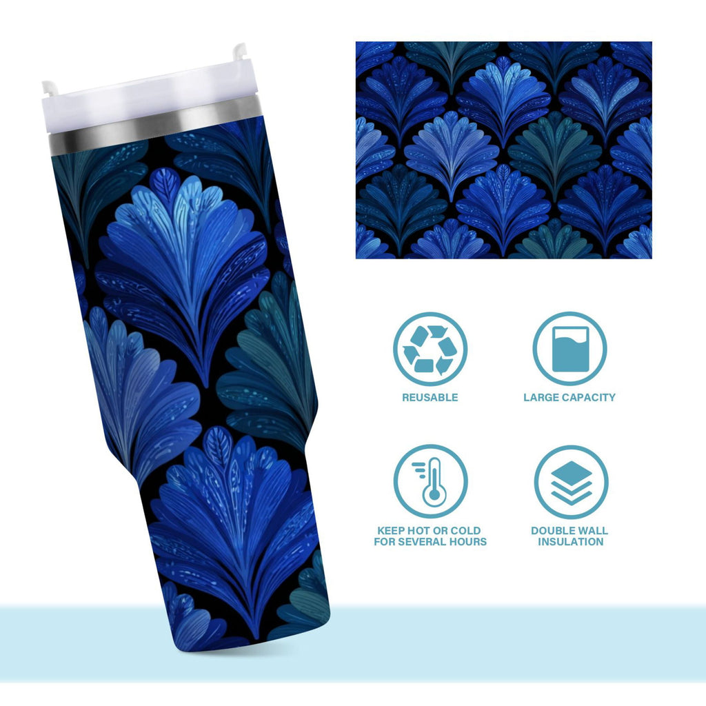 30 oz Insulated Stainless Steel Tumbler Double Wall Stainless Steel Tumbler with 2-Way Drinking Blue Batik Leaves Pattern - UL6C