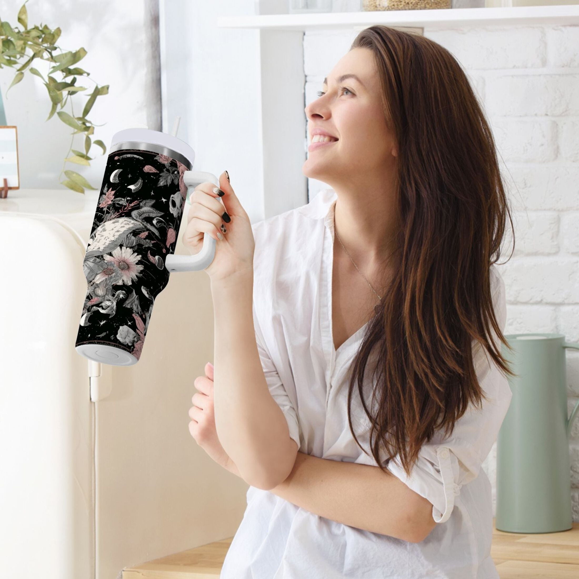 40 oz Insulated Stainless Steel Tumbler Double Wall Stainless Steel Tumbler with 2-Way Drinking Butterfly Surrounded by Flowers - 5VJE