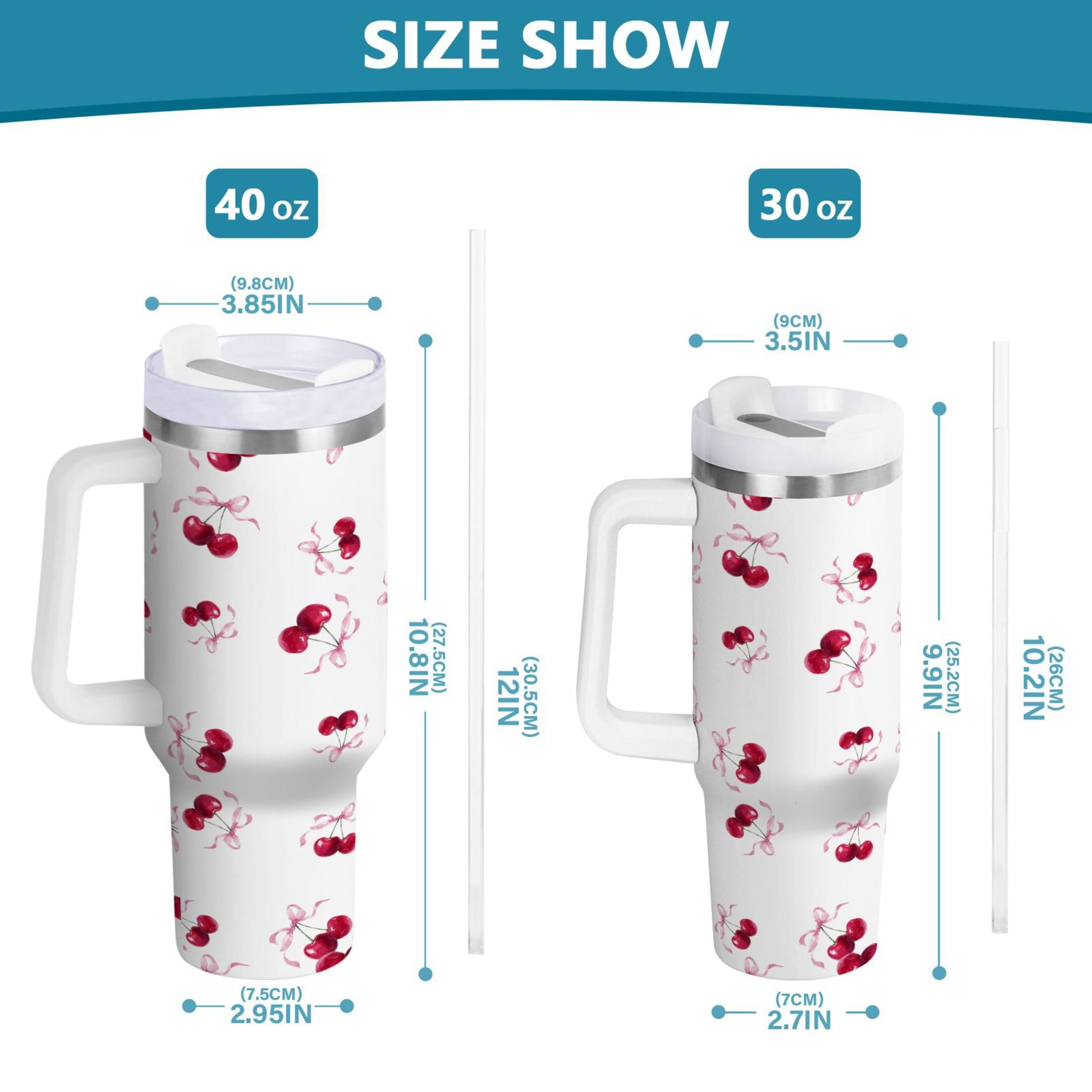 30 oz Insulated Stainless Steel Tumbler Double Wall Stainless Steel Tumbler with 2-Way Drinking Watercolor Cherries Pattern - YEYV