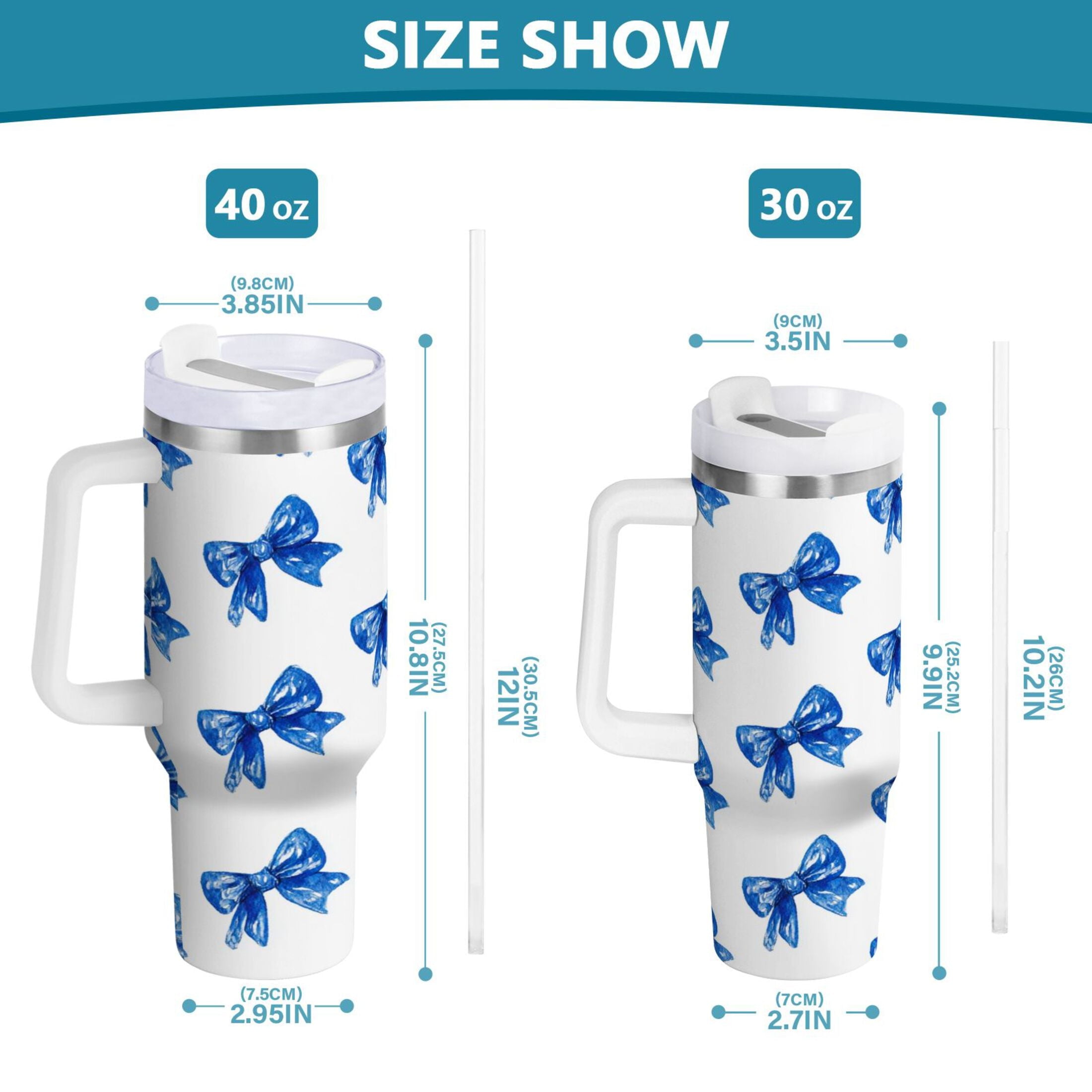 30 oz Insulated Stainless Steel Tumbler Double Wall Stainless Steel Tumbler with 2-Way Drinking Blue Bows Pattern - AZAX