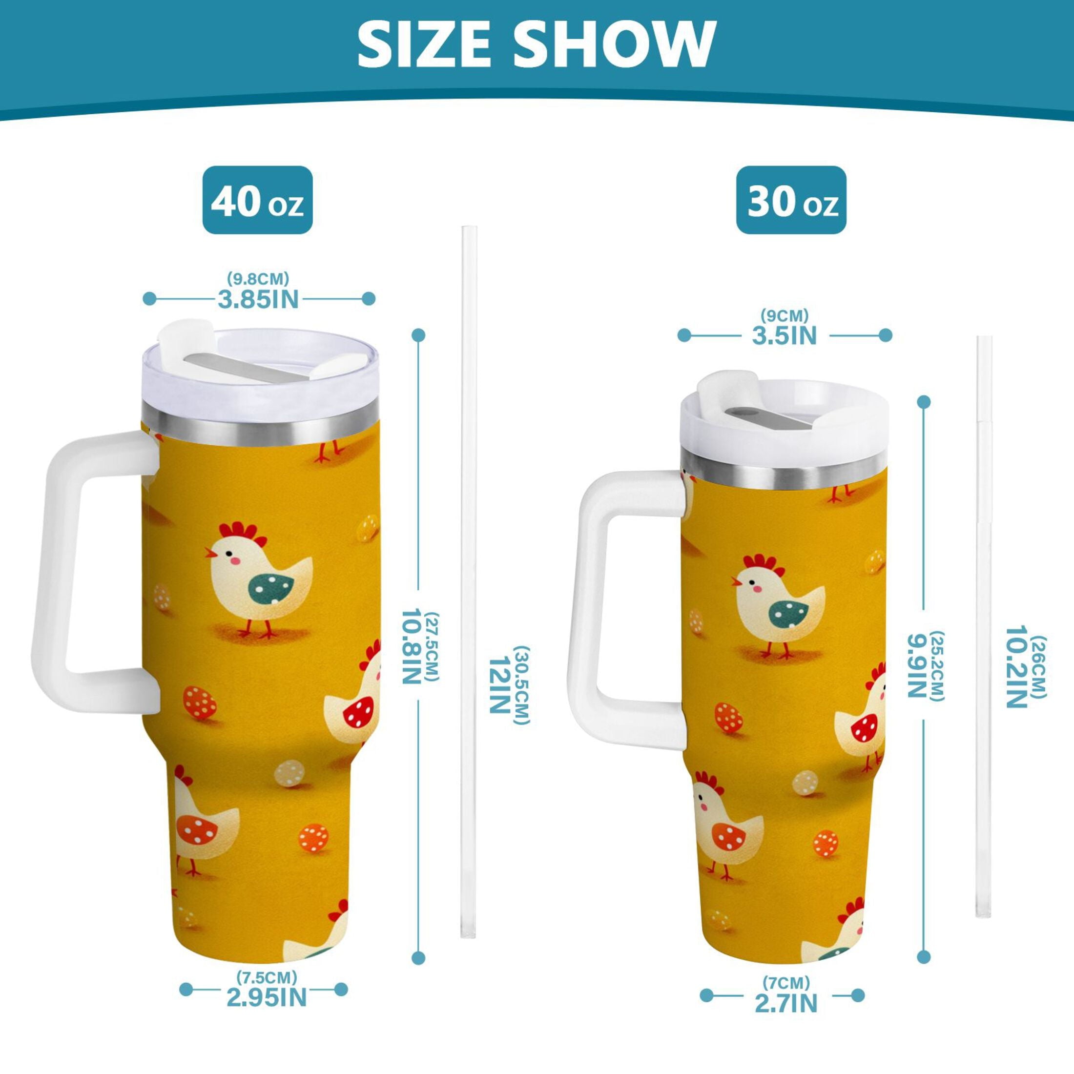 30 oz Insulated Stainless Steel Tumbler Double Wall Stainless Steel Tumbler with 2-Way Drinking Cartoon Chickens Pattern - F8R8