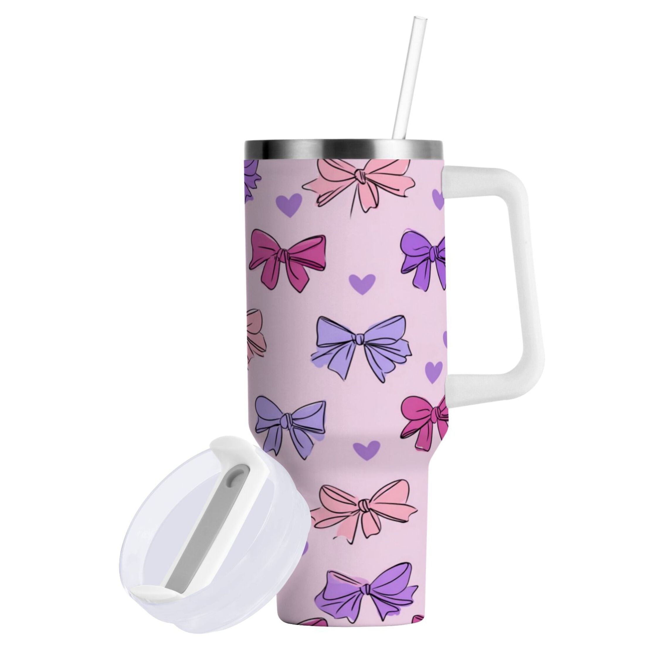 30 oz Insulated Stainless Steel Tumbler Double Wall Stainless Steel Tumbler with 2-Way Drinking Bows and Heart Pattern - XDDM
