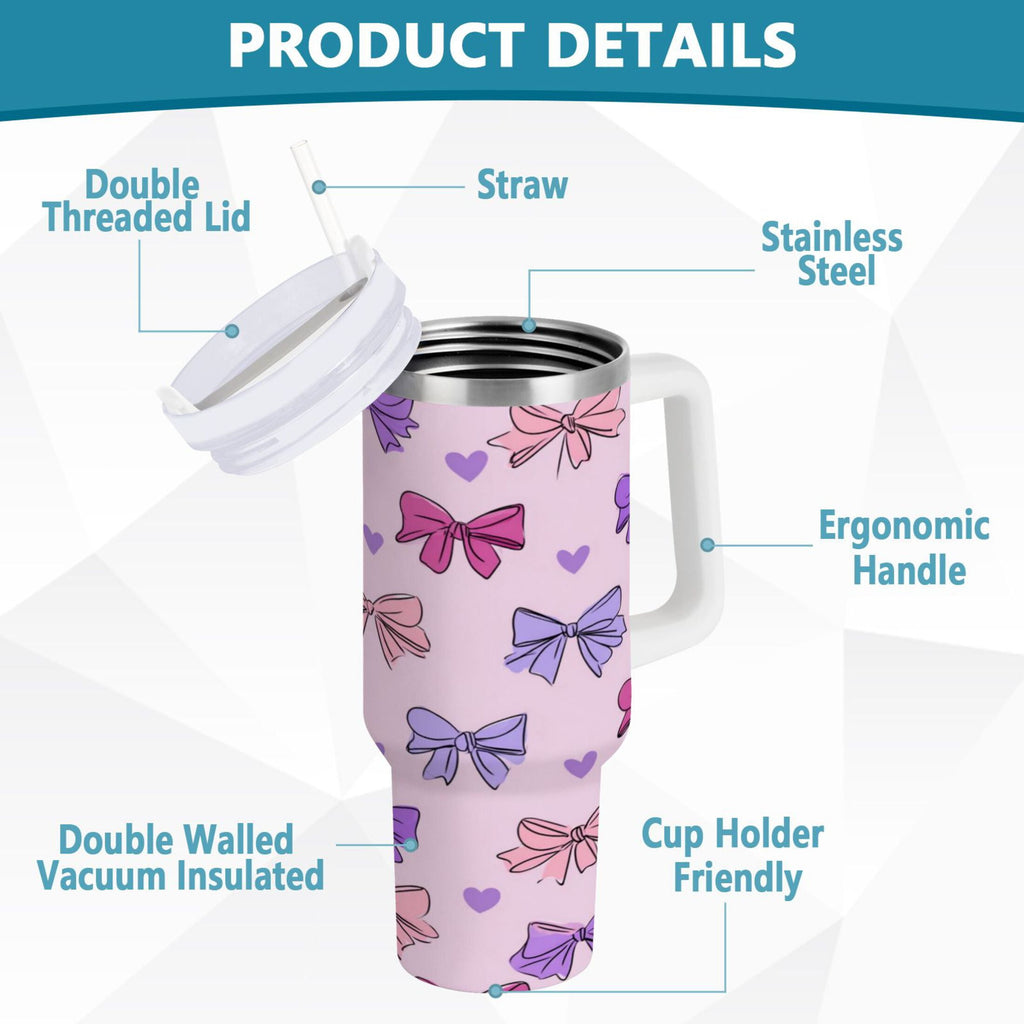 30 oz Insulated Stainless Steel Tumbler Double Wall Stainless Steel Tumbler with 2-Way Drinking Bows and Heart Pattern - XDDM