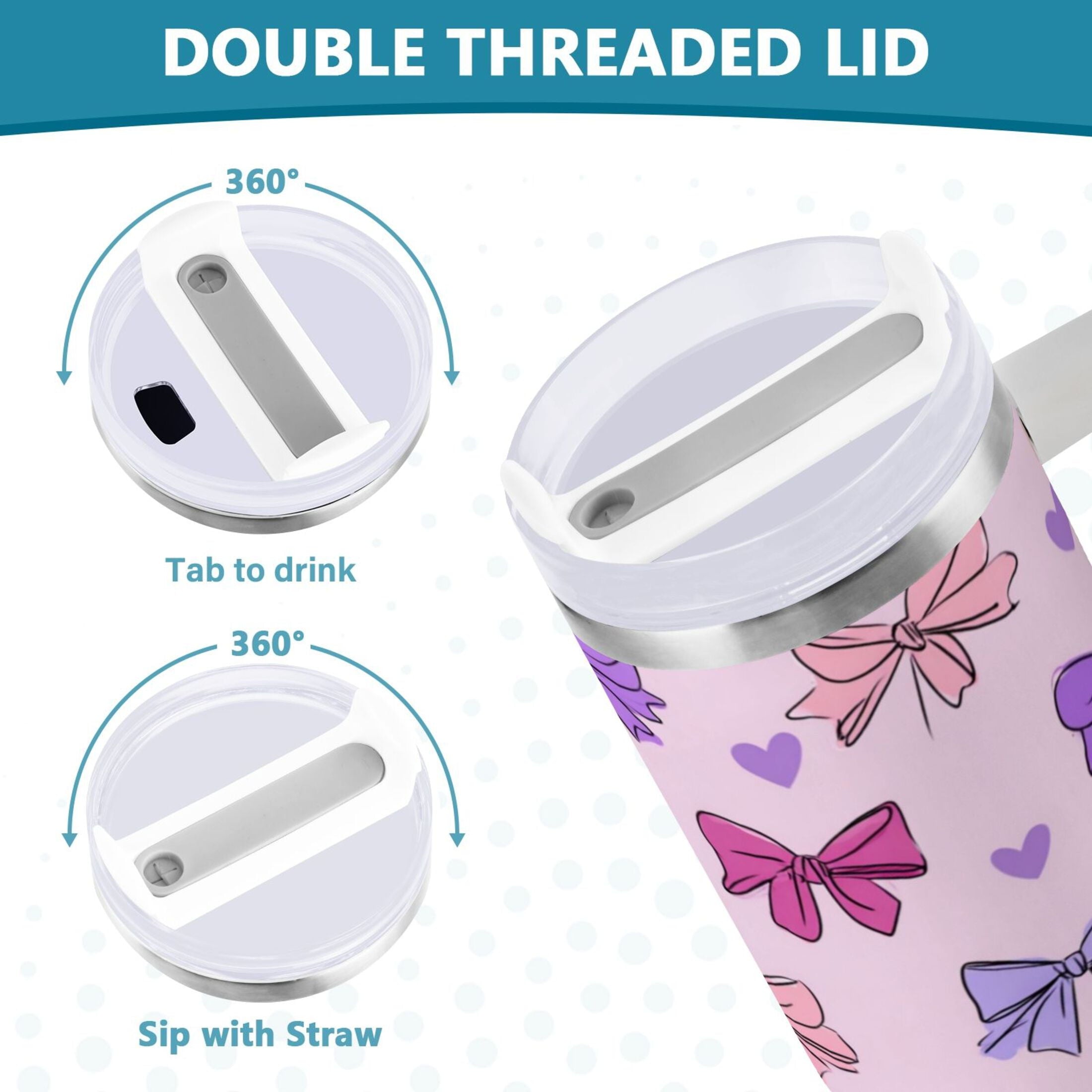 30 oz Insulated Stainless Steel Tumbler Double Wall Stainless Steel Tumbler with 2-Way Drinking Bows and Heart Pattern - XDDM