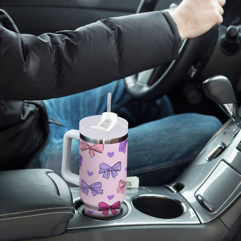 30 oz Insulated Stainless Steel Tumbler Double Wall Stainless Steel Tumbler with 2-Way Drinking Bows and Heart Pattern - XDDM
