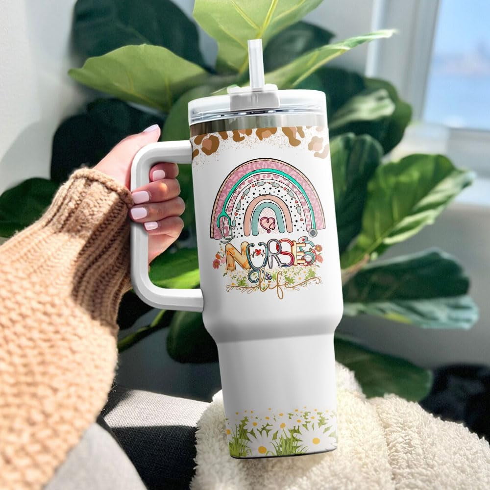 Tumbler 40 Oz With Handle Lid And Straw, Nurse Gifts, Black Camo White Engraved Print Travel Nurses Tumblers Handle Funny Cups Nursing For, Great Nurse Rainbow Daisy Flower - 2XKU