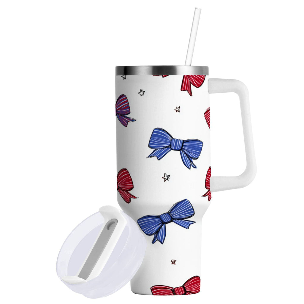 30 oz Insulated Stainless Steel Tumbler Double Wall Stainless Steel Tumbler with 2-Way Drinking Red and Blue Stripe Bows - 6ZSD