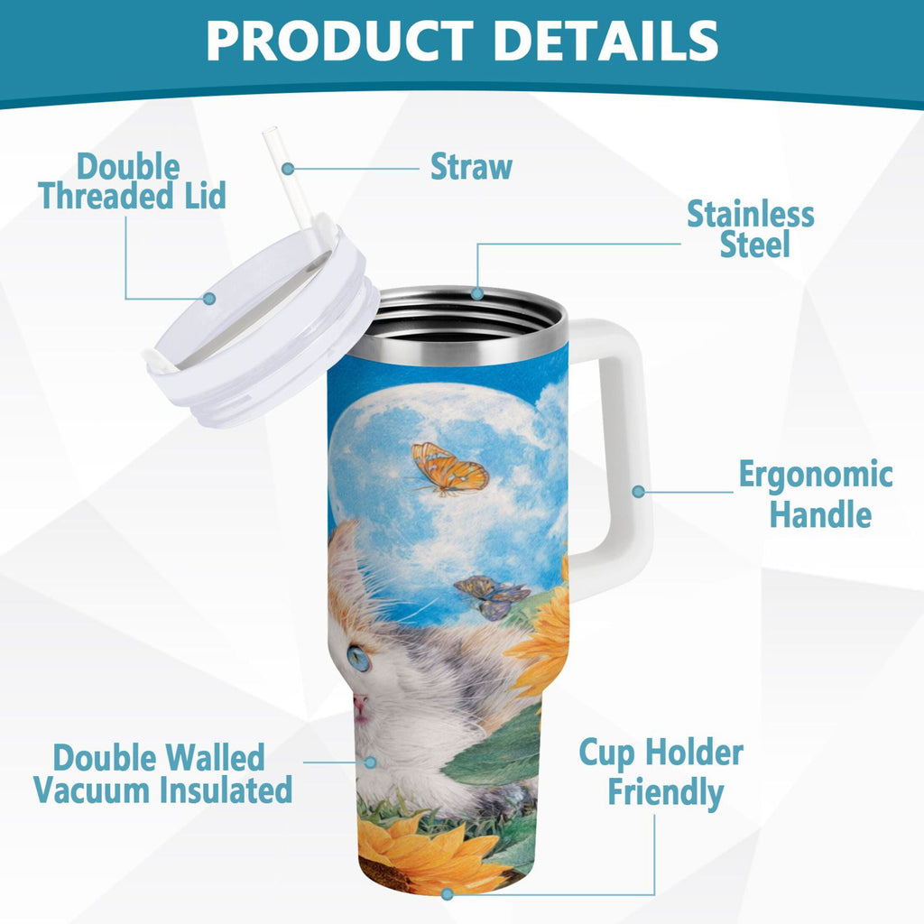40 oz Insulated Stainless Steel Tumbler Double Wall Stainless Steel Tumbler with 2-Way Drinking Playful Cat Lying Sunflowers - F4JW