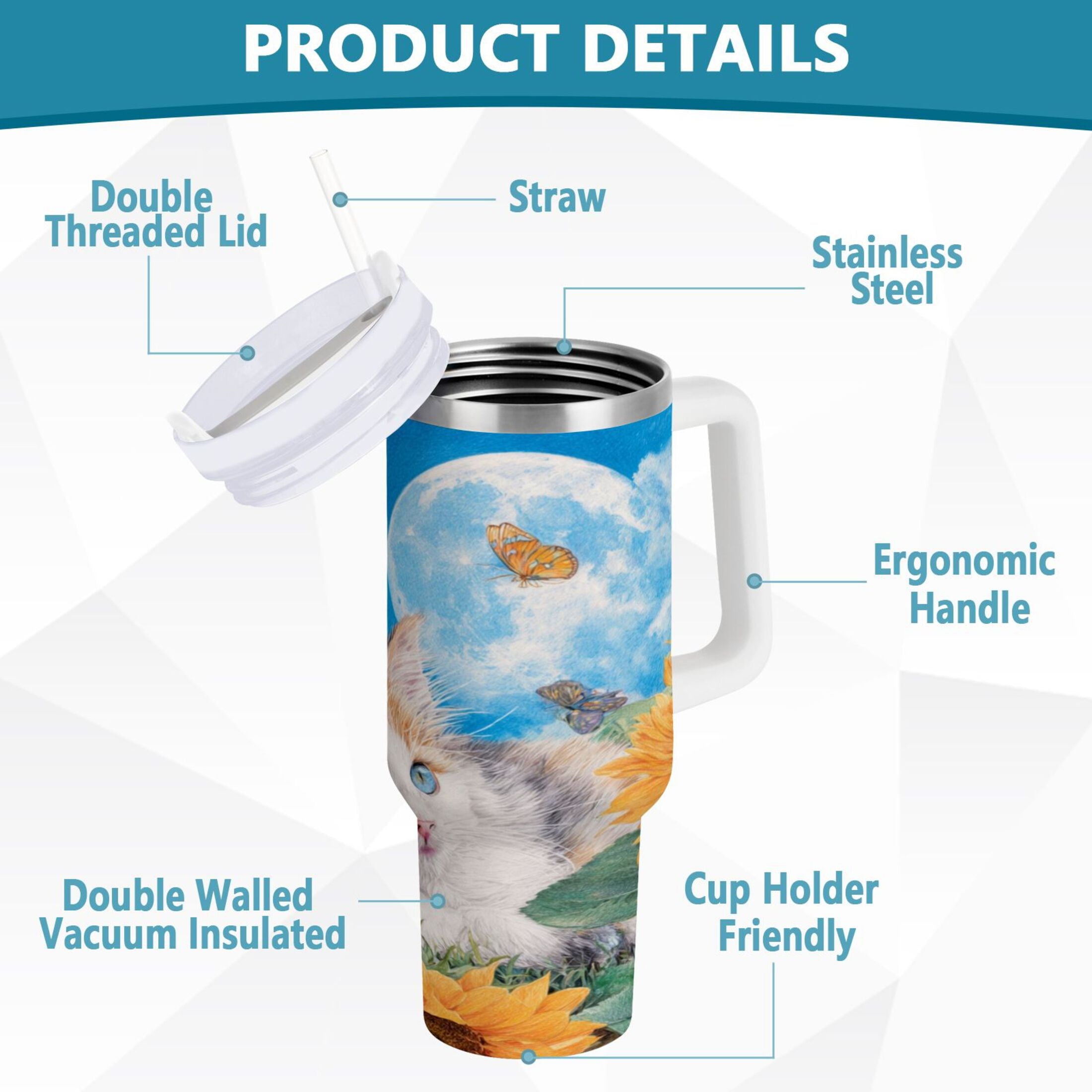 40 oz Insulated Stainless Steel Tumbler Double Wall Stainless Steel Tumbler with 2-Way Drinking Playful Cat Lying Sunflowers - F4JW