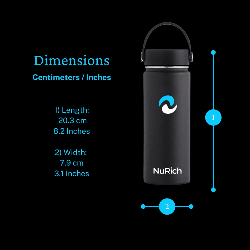 NuRich Sports Water Bottle - 18 Oz, Vacuum Insulated Stainless Steel, Modern Double Walled, Simple Thermo Modern Mug, Hydro Metal Canteen Flask Wide Mouth with Sweat Proof Design for Cold &amp; Hot Temp - 5N3P