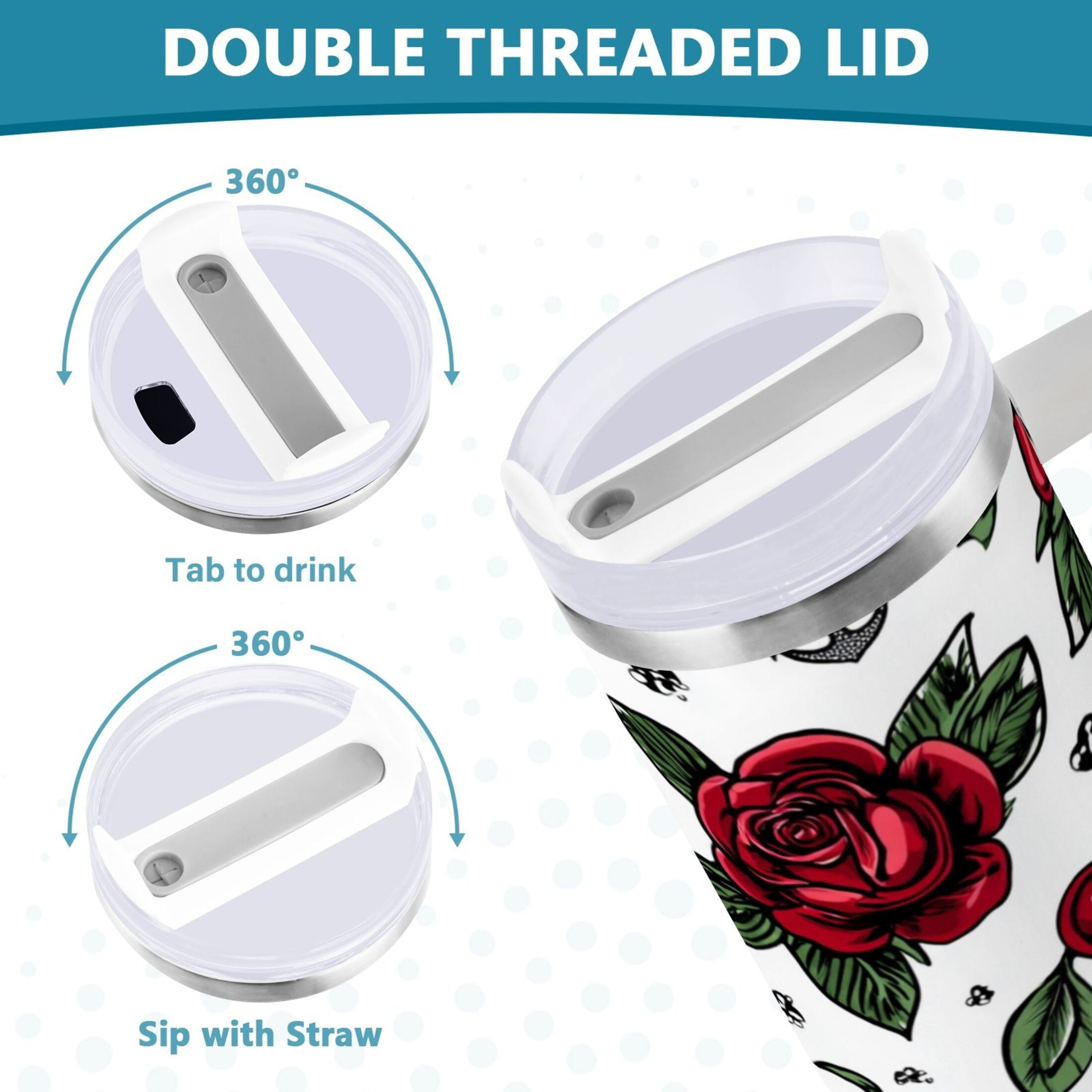 40 oz Insulated Stainless Steel Tumbler Double Wall Stainless Steel Tumbler with 2-Way Drinking Red Roses and Cherries - CWCE