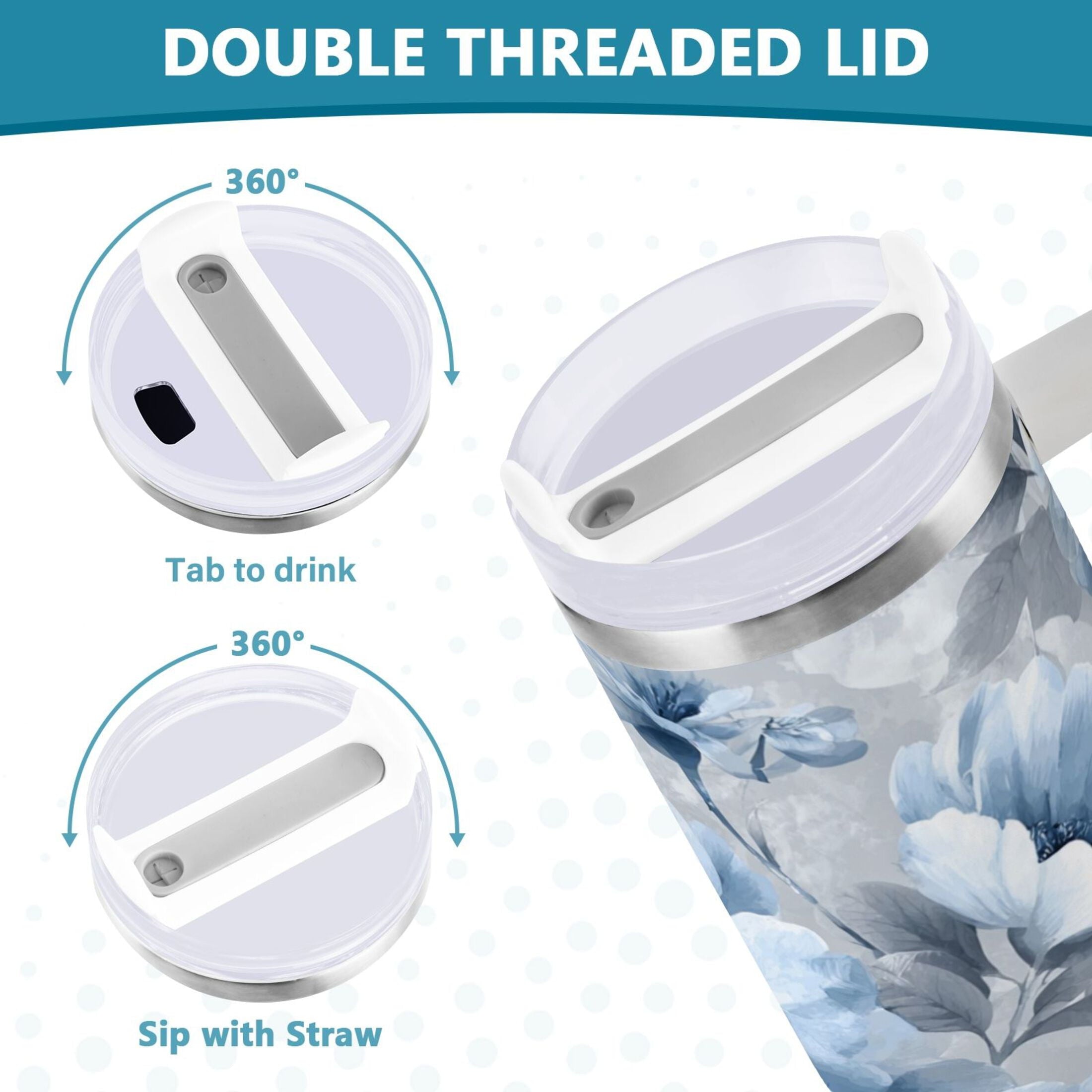 40 oz Insulated Stainless Steel Tumbler Double Wall Stainless Steel Tumbler with 2-Way Drinking White Floral Pattern - 7GDW