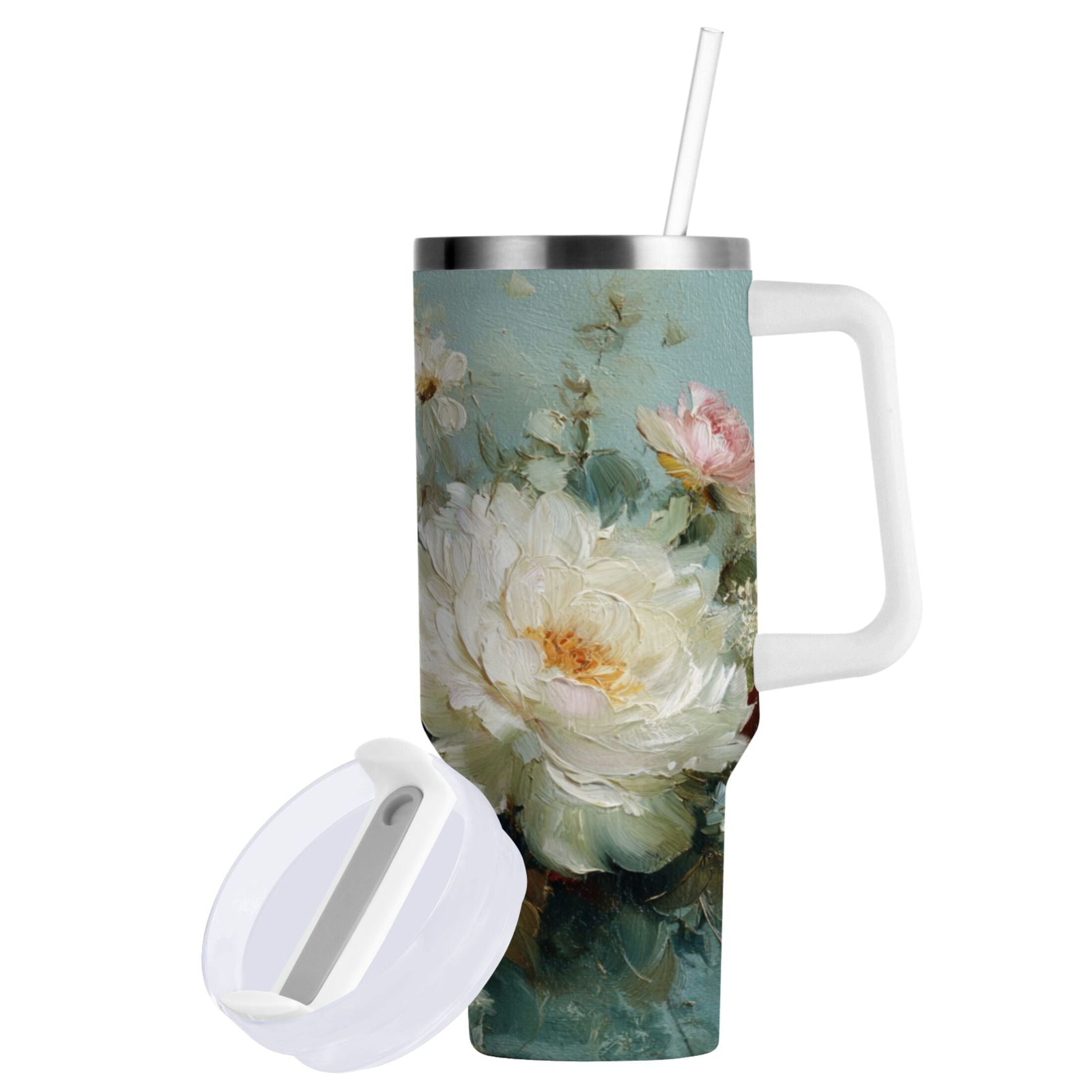 40 oz Insulated Stainless Steel Tumbler Double Wall Stainless Steel Tumbler with 2-Way Drinking Vintage Peonies and Daisies - KLSL