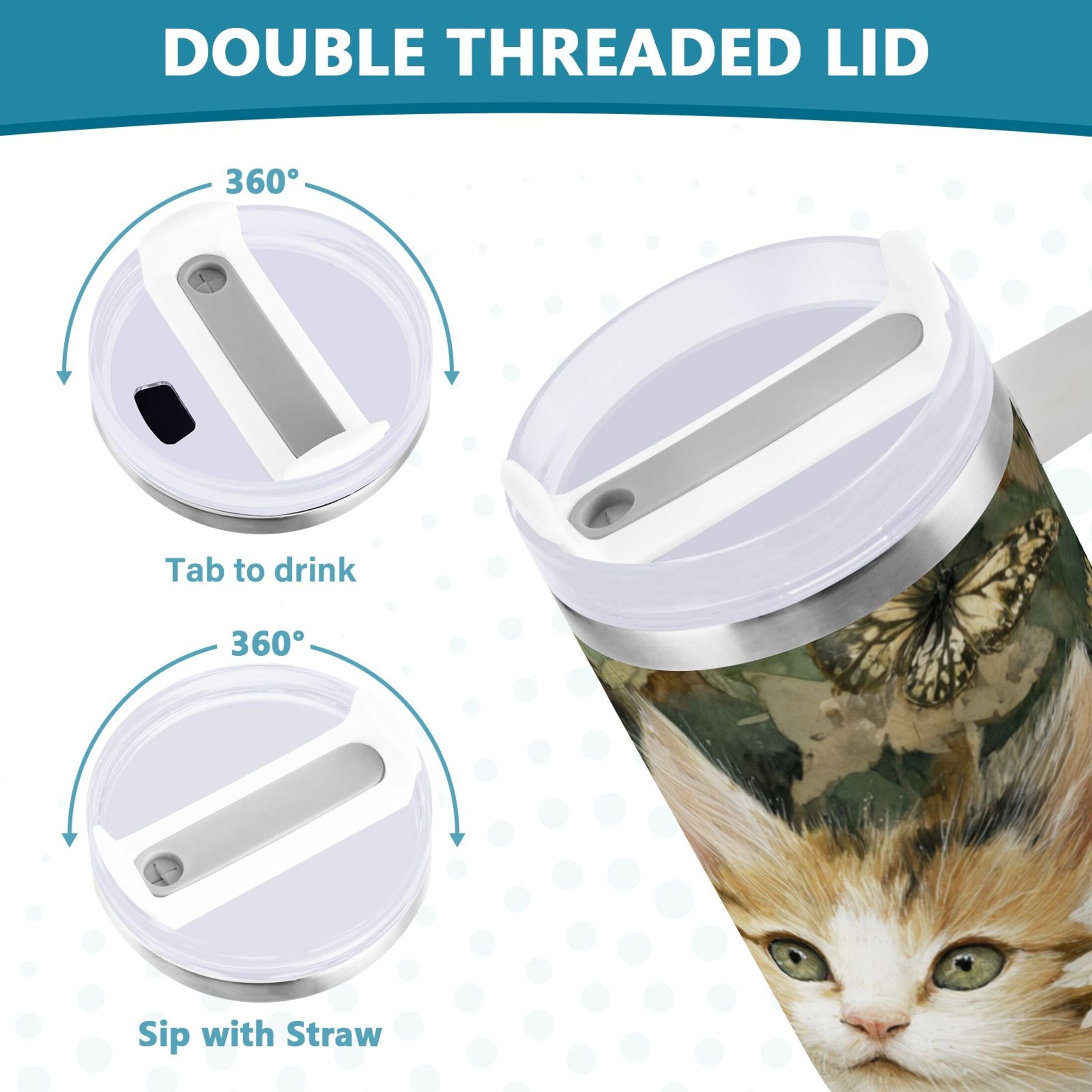 30 oz Insulated Stainless Steel Tumbler Double Wall Stainless Steel Tumbler with 2-Way Drinking Adorable Cats and Daisies - XUTJ