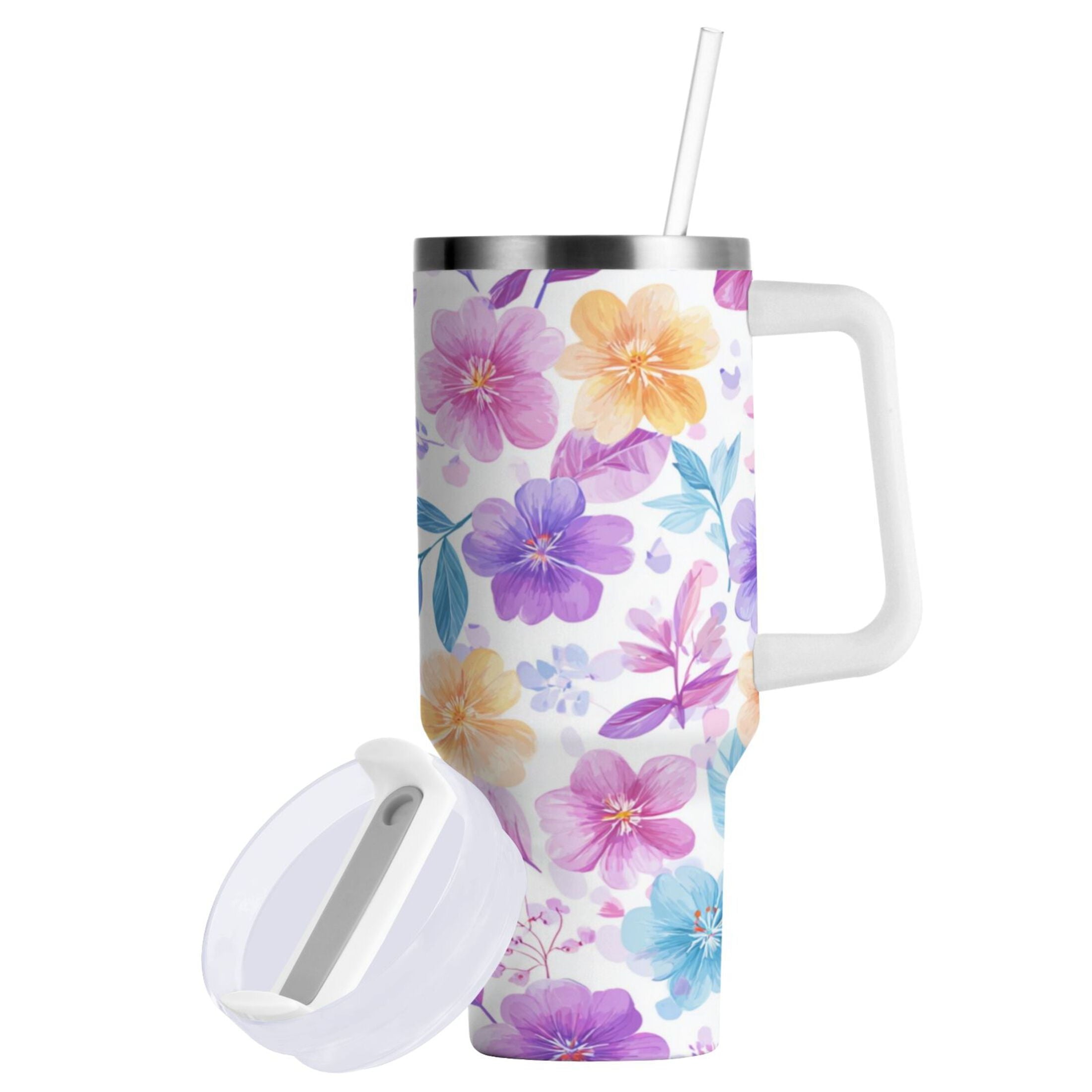 30 oz Insulated Stainless Steel Tumbler Double Wall Stainless Steel Tumbler with 2-Way Drinking Pink and Purple Flowers - 4Q3M