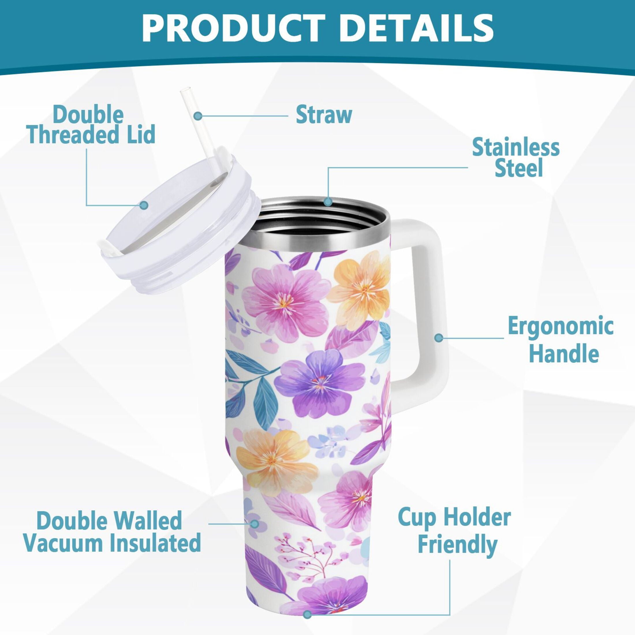 30 oz Insulated Stainless Steel Tumbler Double Wall Stainless Steel Tumbler with 2-Way Drinking Pink and Purple Flowers - 4Q3M