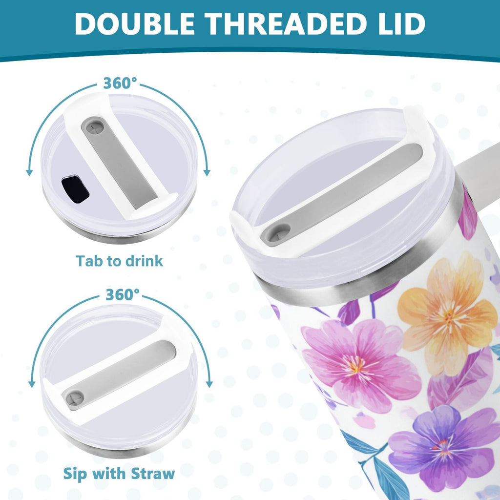 30 oz Insulated Stainless Steel Tumbler Double Wall Stainless Steel Tumbler with 2-Way Drinking Pink and Purple Flowers - 4Q3M