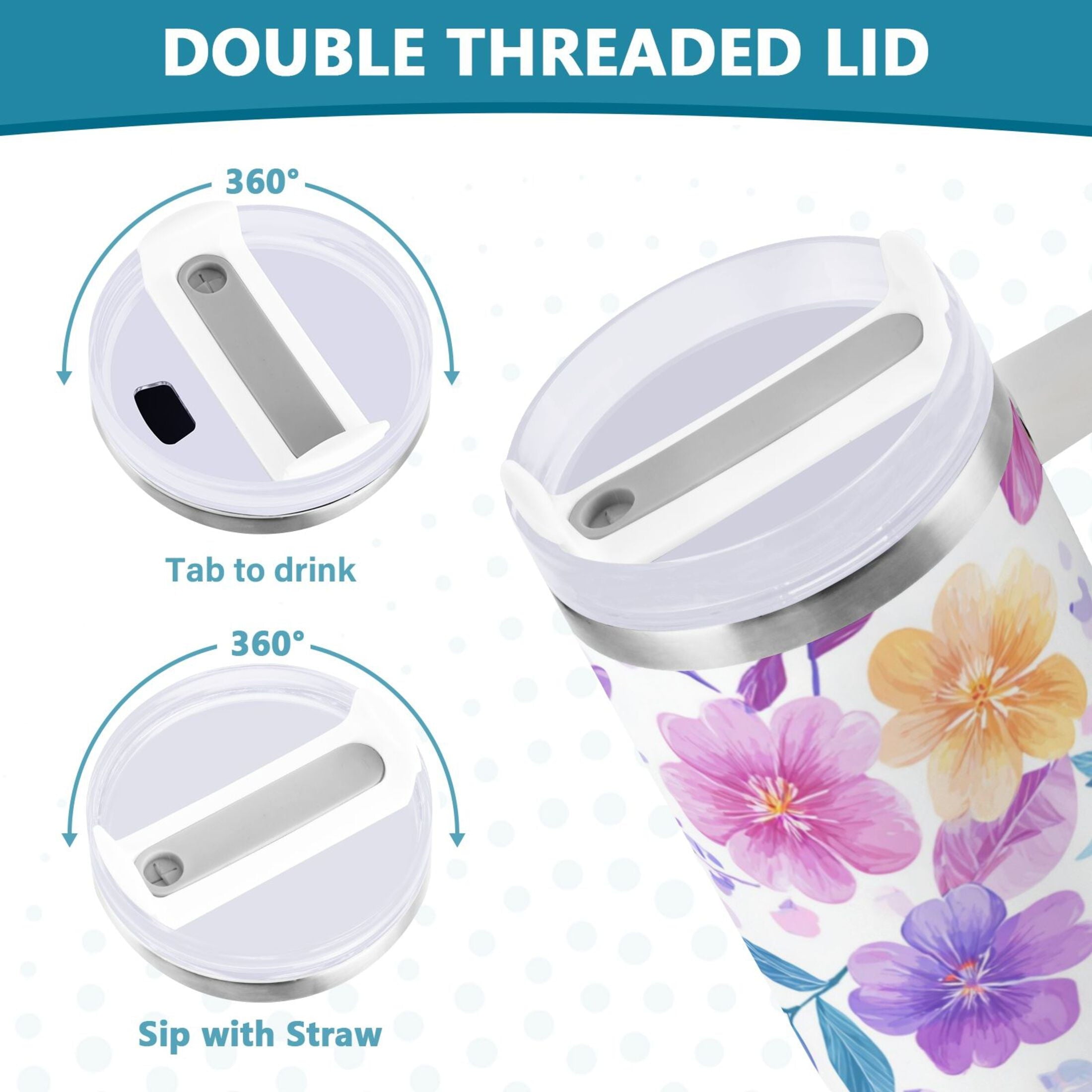 30 oz Insulated Stainless Steel Tumbler Double Wall Stainless Steel Tumbler with 2-Way Drinking Pink and Purple Flowers - 4Q3M