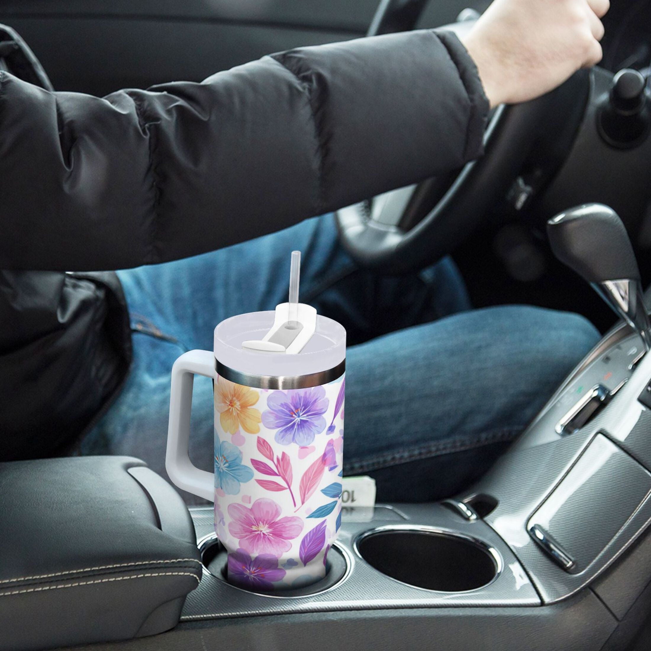 30 oz Insulated Stainless Steel Tumbler Double Wall Stainless Steel Tumbler with 2-Way Drinking Pink and Purple Flowers - 4Q3M