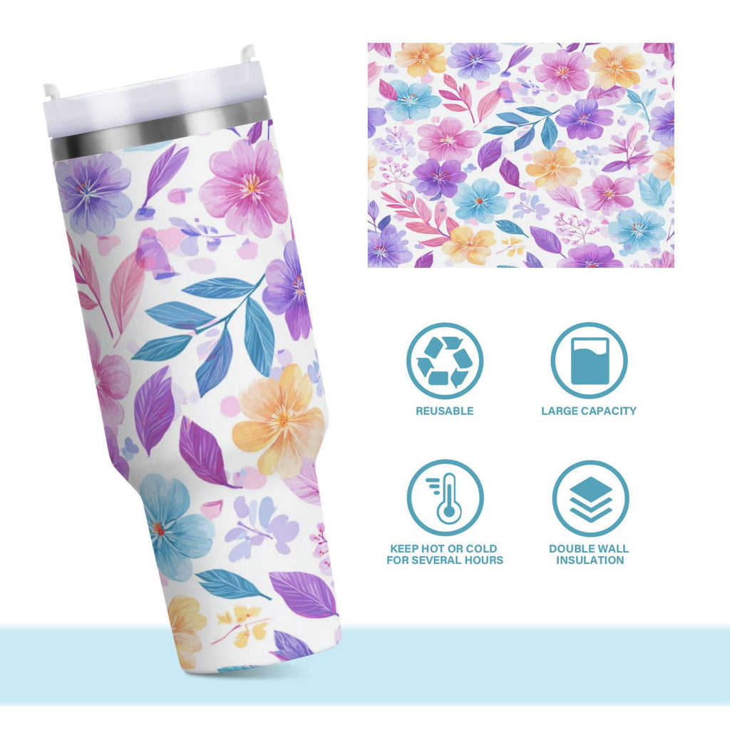 30 oz Insulated Stainless Steel Tumbler Double Wall Stainless Steel Tumbler with 2-Way Drinking Pink and Purple Flowers - 4Q3M