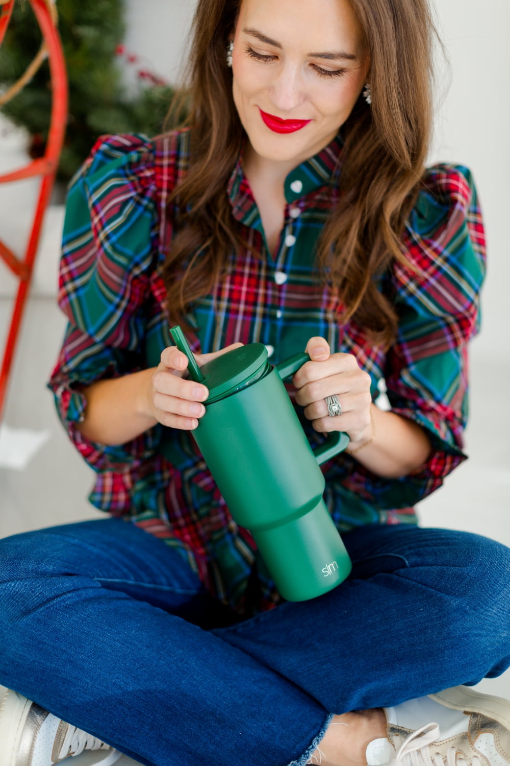 Simple Modern 30 fl oz Insulated Stainless Steel Trek Tumbler with Straw Lid | Seaglass Sage and Cream Checkmate - 2P24