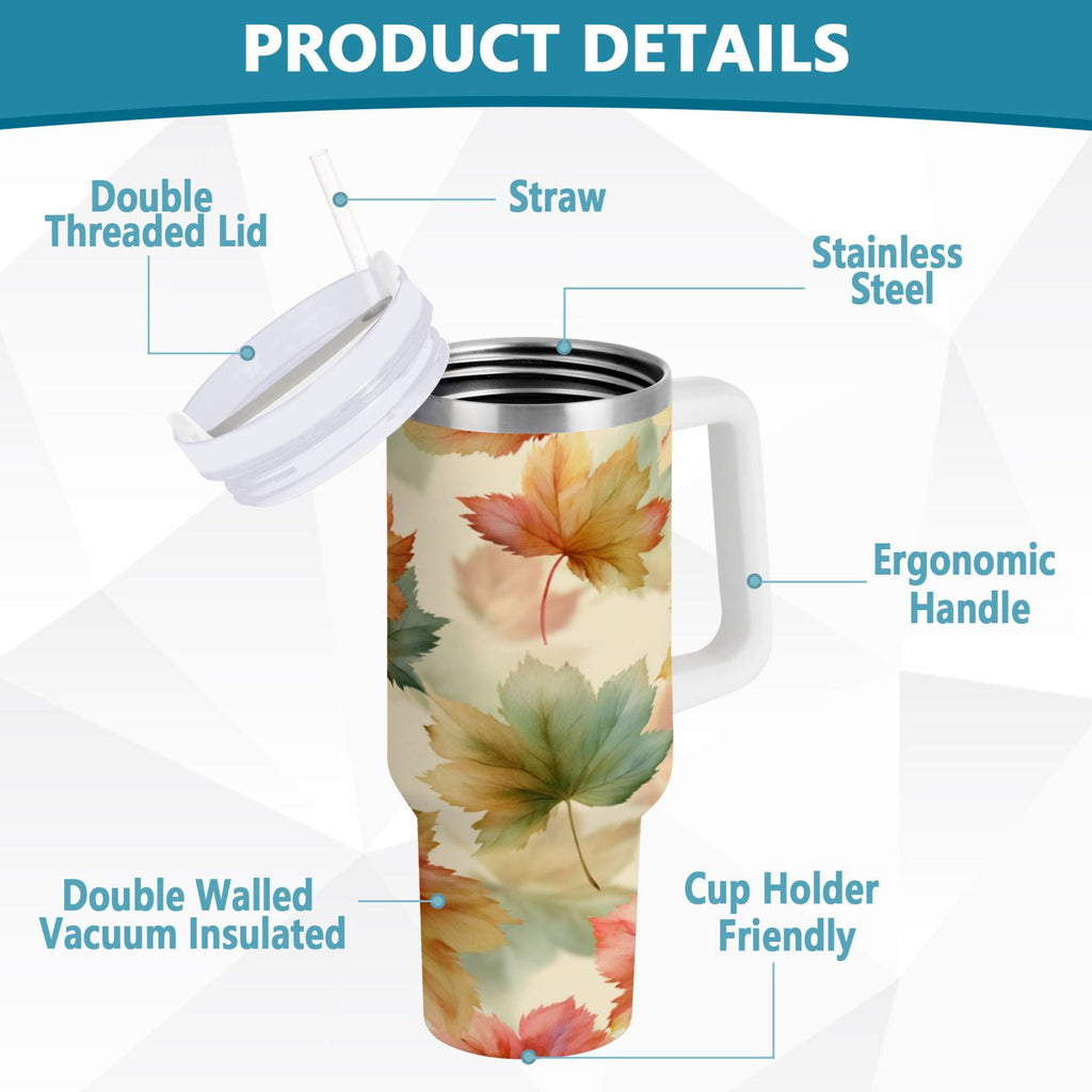 40 oz Insulated Stainless Steel Tumbler Double Wall Stainless Steel Tumbler with 2-Way Drinking Watercolor Maple Leaves Pattern - 5YJP