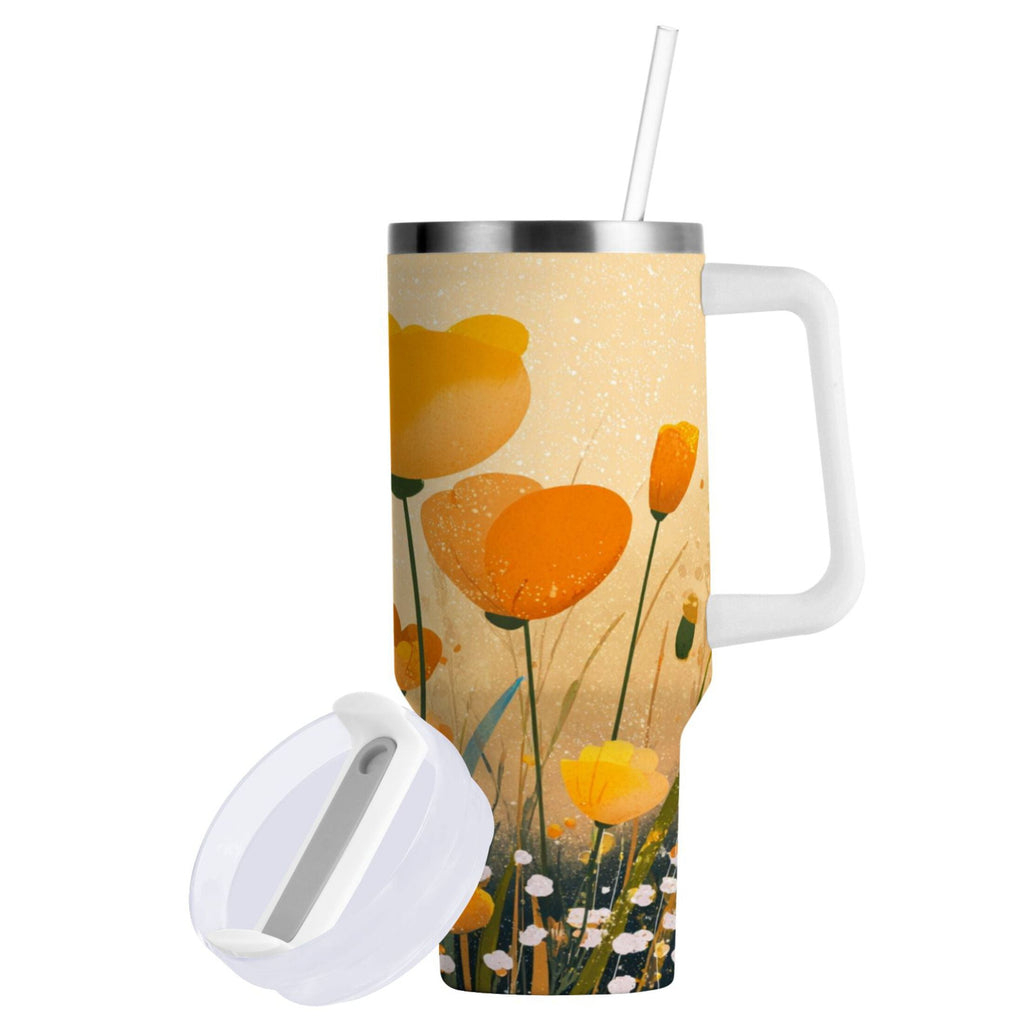 30 oz Insulated Stainless Steel Tumbler Double Wall Stainless Steel Tumbler with 2-Way Drinking Yellow Flowers on The Grass - D8TD