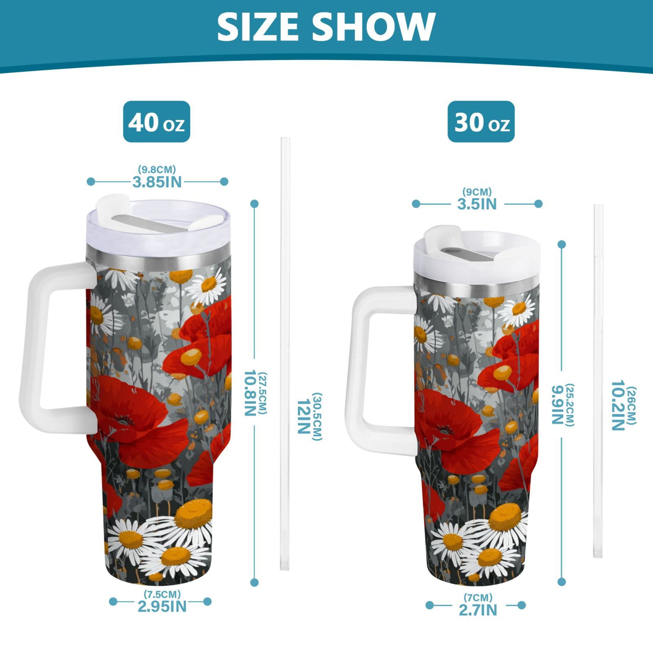 40 oz Insulated Stainless Steel Tumbler Double Wall Stainless Steel Tumbler with 2-Way Drinking Red Flowers and Daisies - JF3D