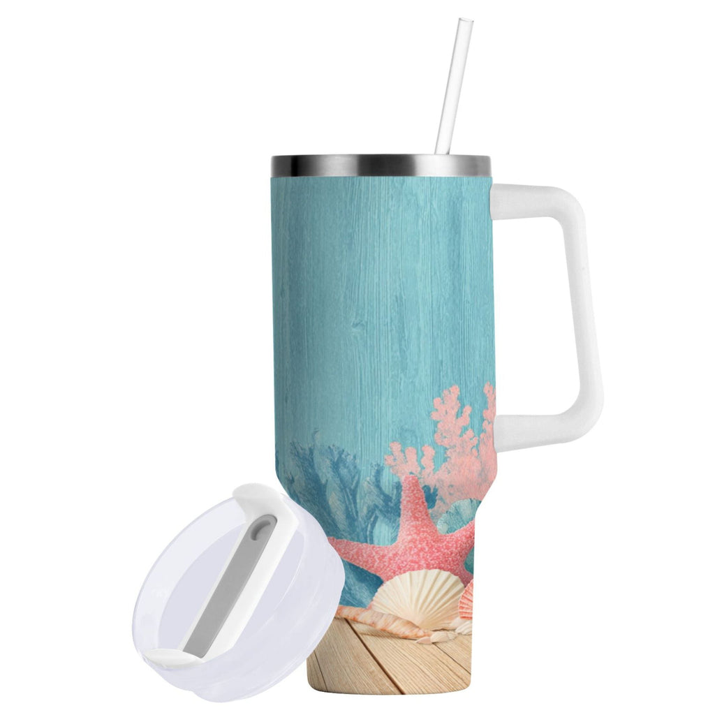 40 oz Insulated Stainless Steel Tumbler Double Wall Stainless Steel Tumbler with 2-Way Drinking Colorful Starfish and Seashells - 8NVH