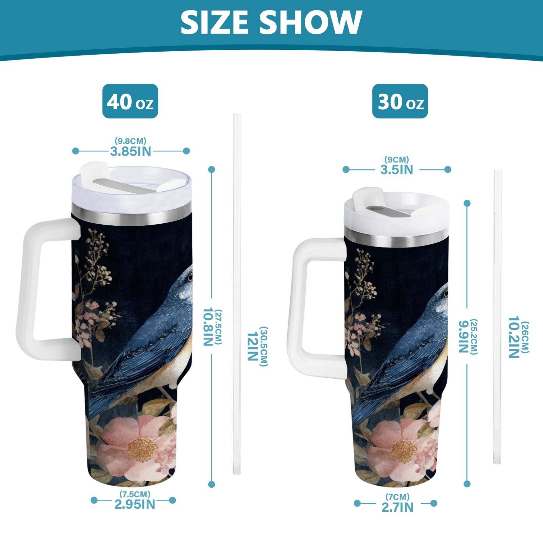 30 oz Insulated Stainless Steel Tumbler Double Wall Stainless Steel Tumbler with 2-Way Drinking Watercolor Vintage Blue Bird - 8C62