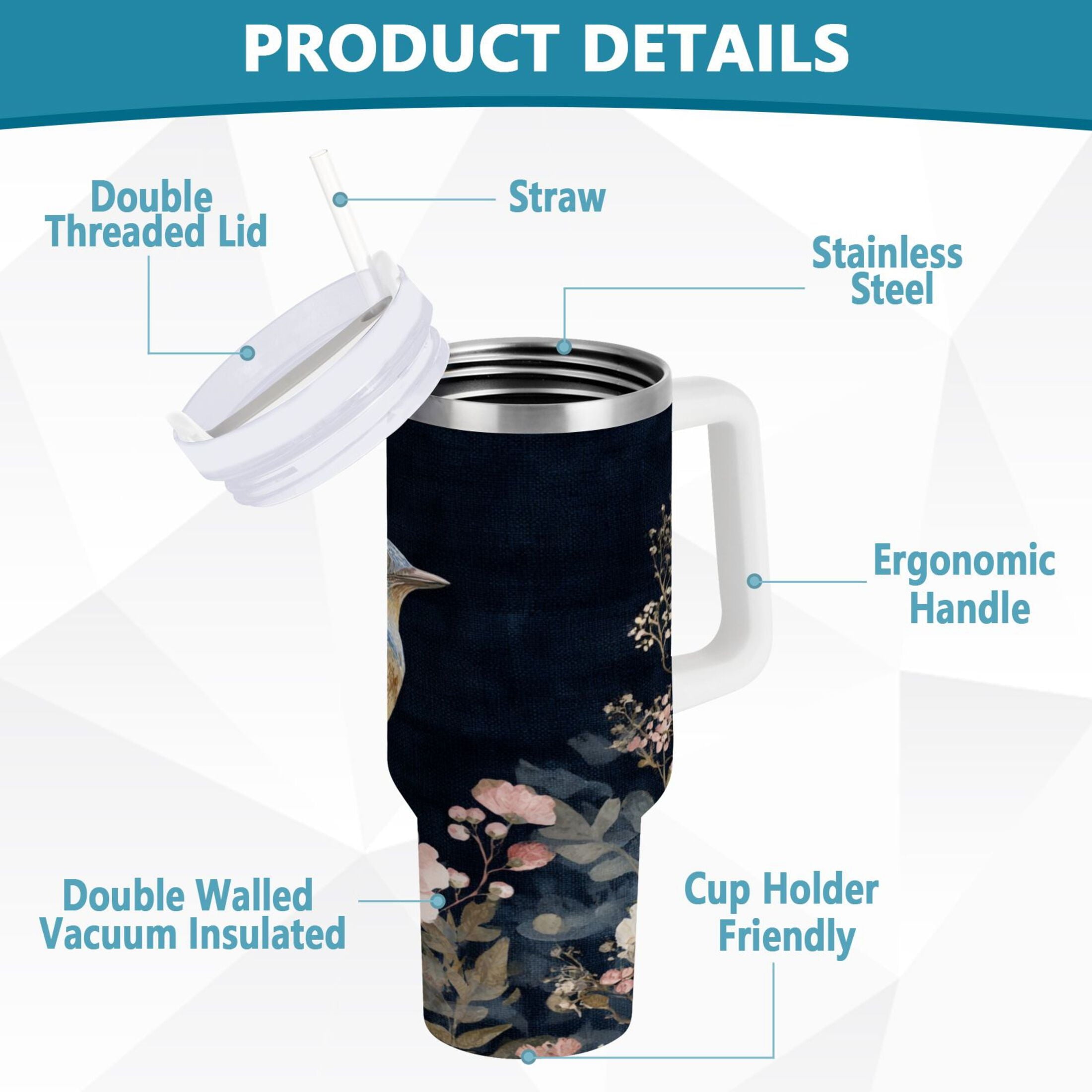 30 oz Insulated Stainless Steel Tumbler Double Wall Stainless Steel Tumbler with 2-Way Drinking Watercolor Vintage Blue Bird - 8C62