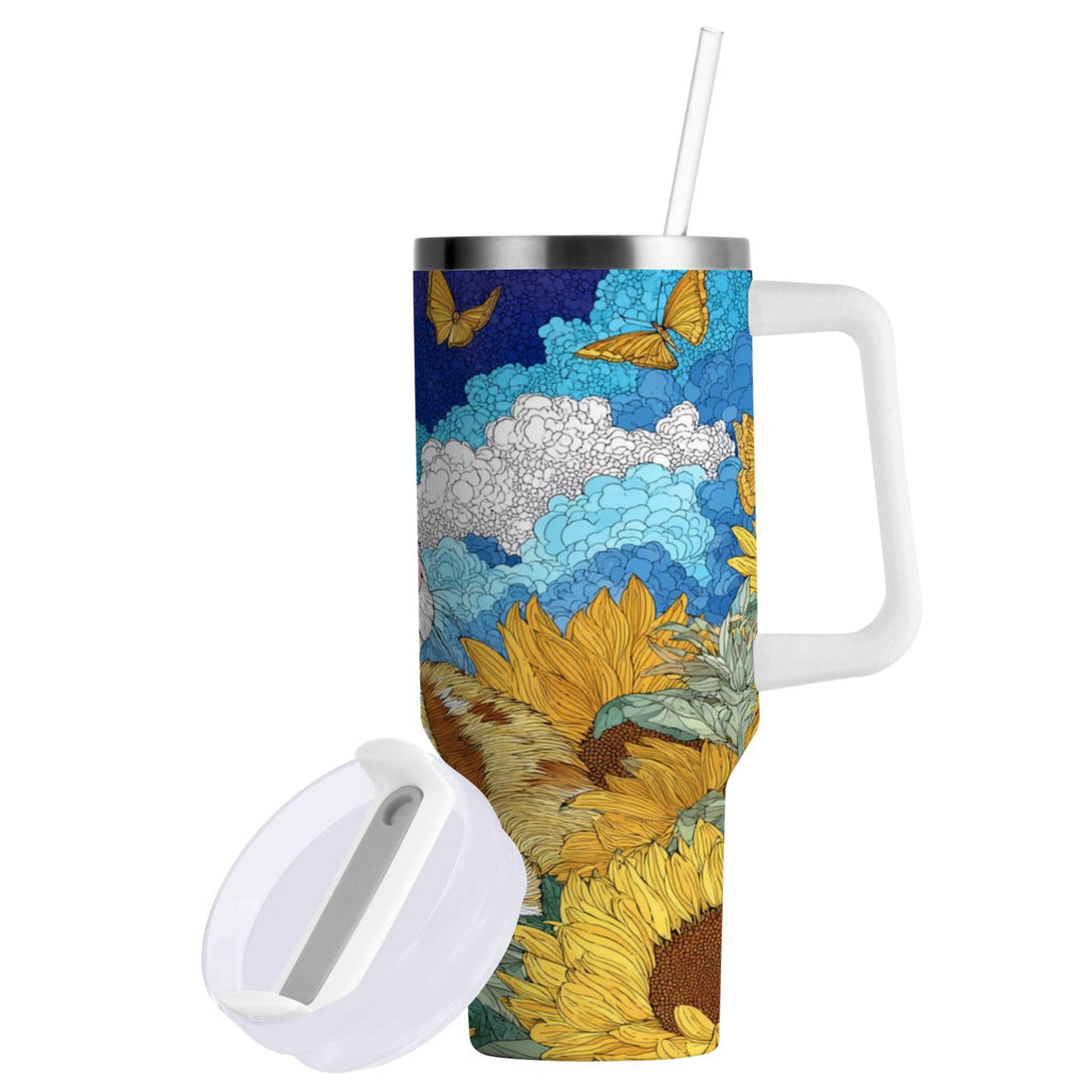 40 oz Insulated Stainless Steel Tumbler Double Wall Stainless Steel Tumbler with 2-Way Drinking Cat Lies in The Sunflowers - NLZK